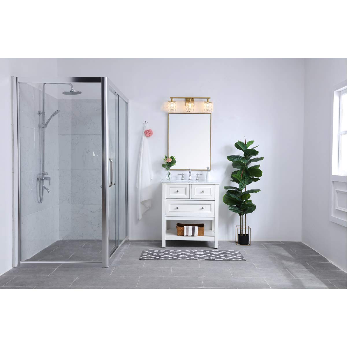 Living District Phineas Midcentury Modern 3 Light Bathroom Wall Sconce in Brass and Clear Crystals