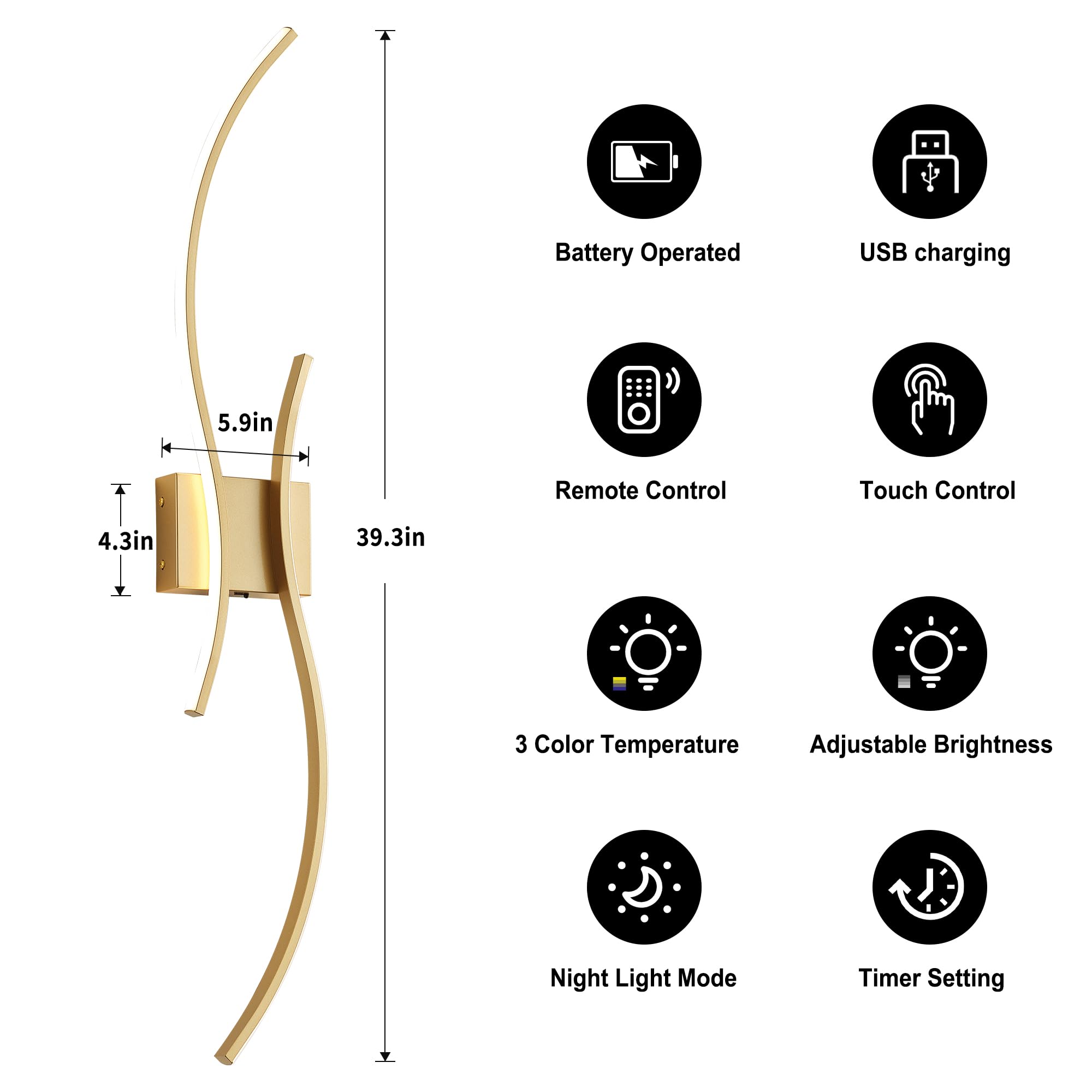 KARTOOSH Battery Operated Wall Sconce with Remote, LED Gold Light, 39.3 Inch, Stepless Colors 3000K-6000K, Model ZM319BGD