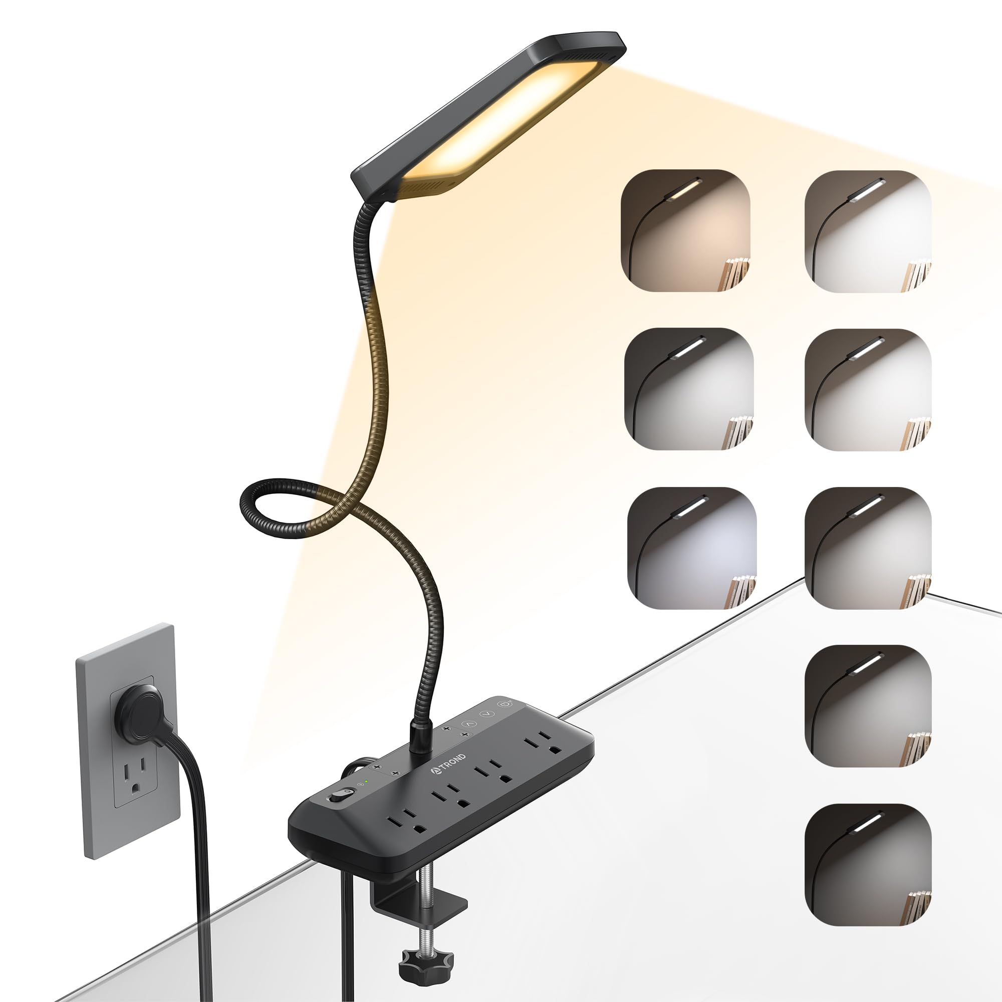 TROND LED Desk Lamp with Clamp, 4 Outlet Power Strip, 15 Lighting Modes, 6ft Cord, Gooseneck, Small, Black, Model TD-PS-US29L