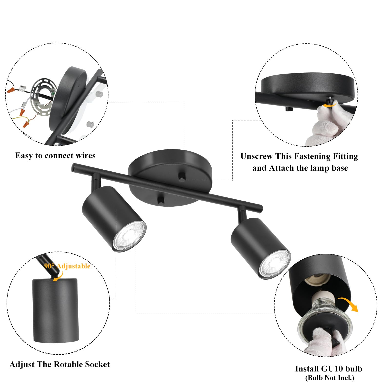 Boostarea Led 2 Light Track Lighting Kit, Black 2 Way Ceiling Spot Lighting, Flexibly Rotatable Light Head For Kitchen, Living R