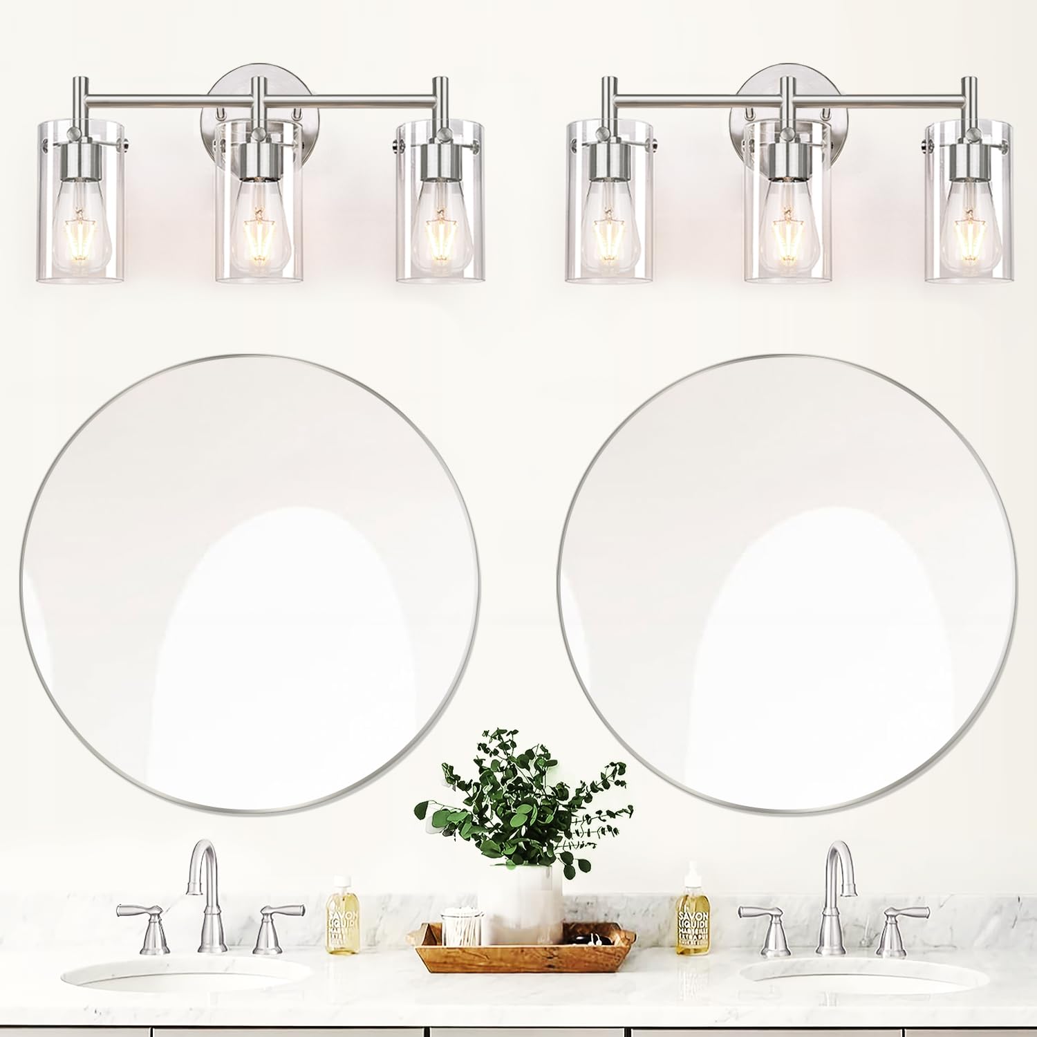 Indoi 3-Light Brushed Nickel Bathroom Vanity Light Fixture, Clear Glass Shade, Model W0468