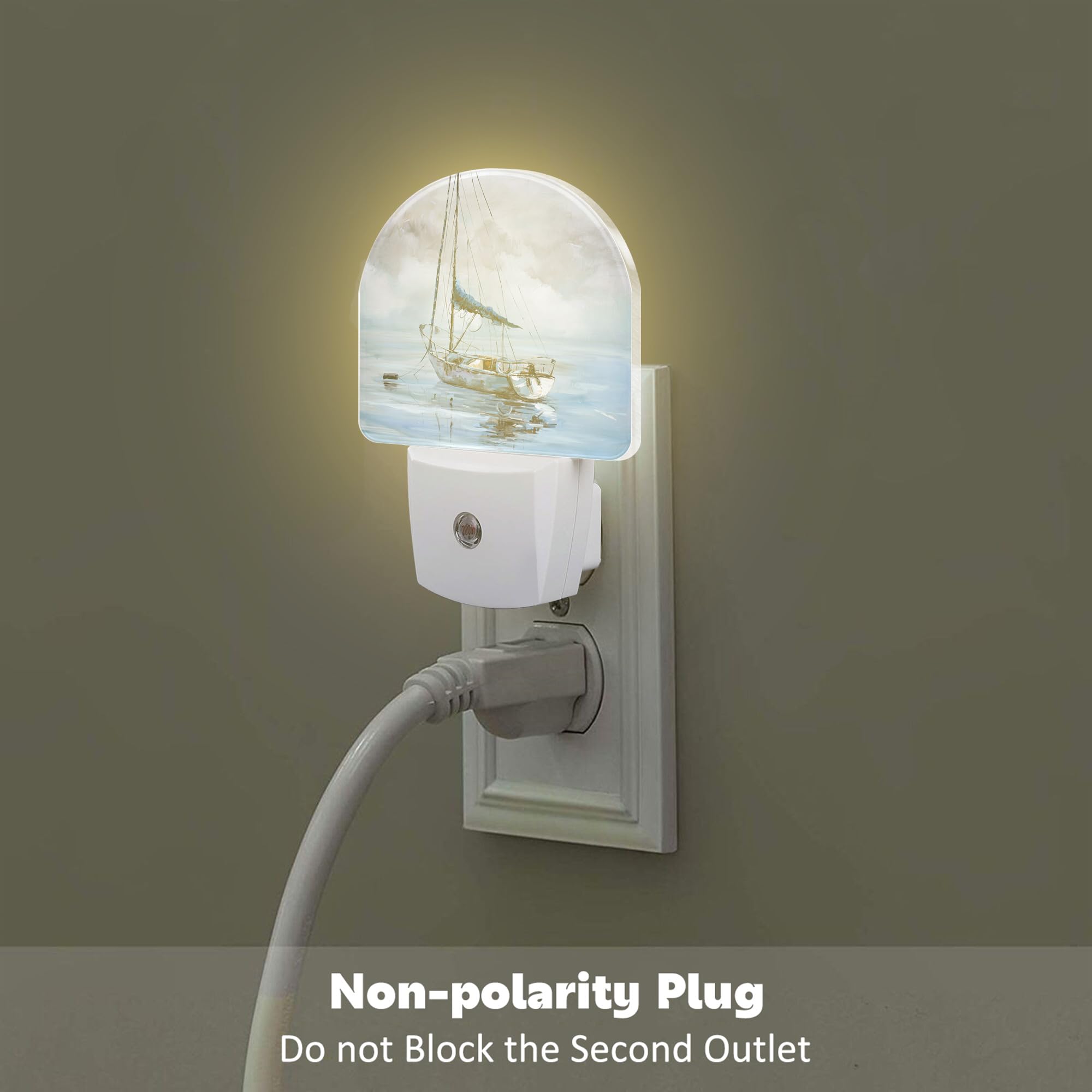 sndheke Blue Sailboat in Harbor Night Light Plug into Wall, Boat Ocean Oil Painting Dusk to Dawn Night Light Plug in,0.5w Energy