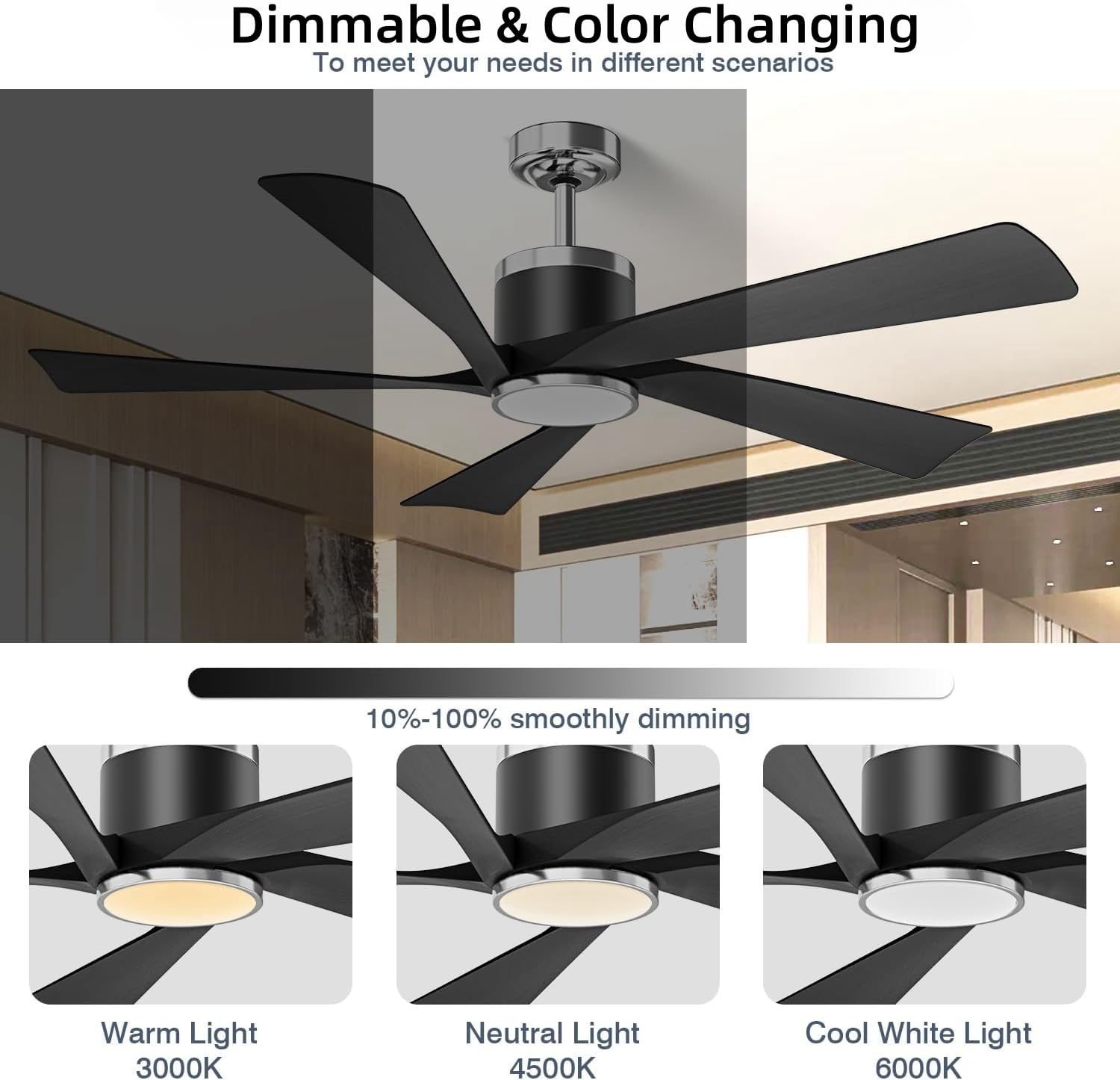 TXCSLY 52'' Modern Ceiling Fan with Lights, Remote Control, 5 Blades, Black, Indoor/Outdoor, Model HYF-CF-52