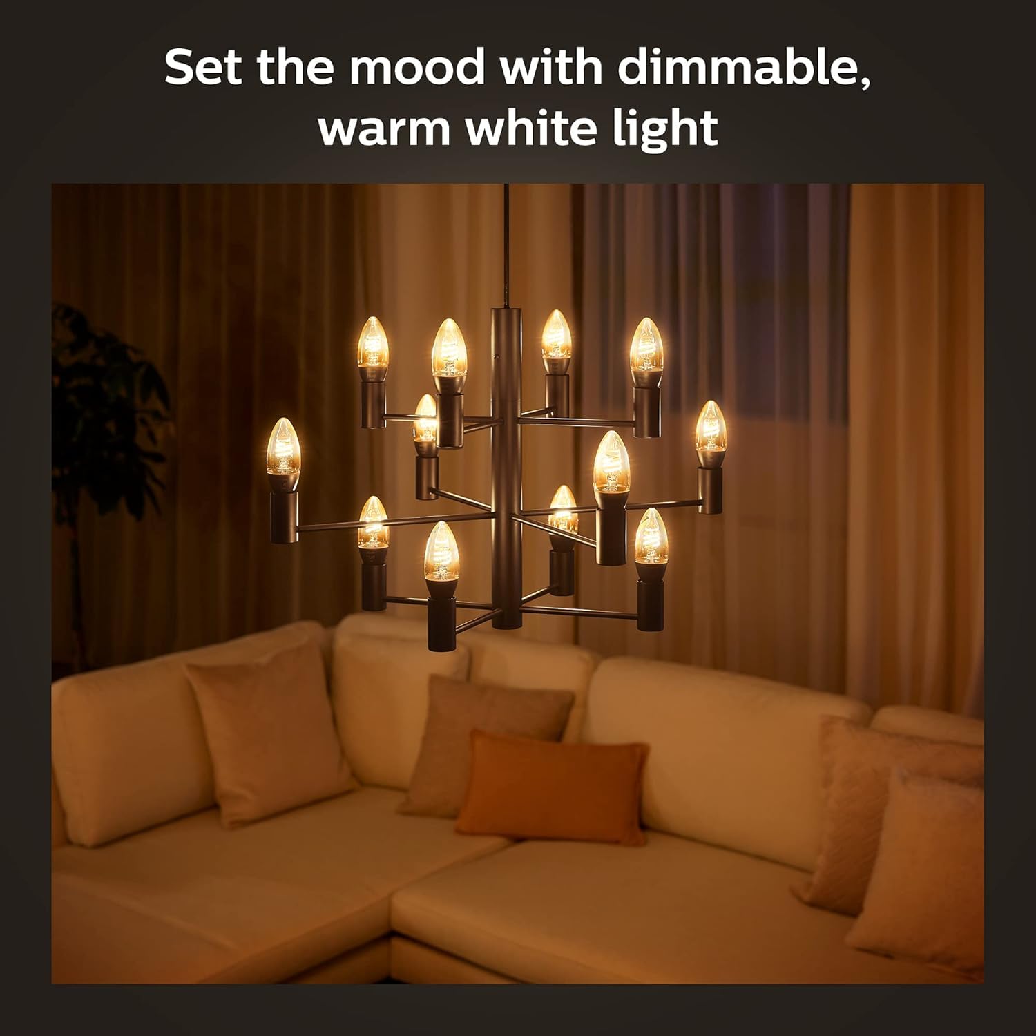 Philips Hue Smart 25W Candle-Shaped Filament LED Bulb - Soft Warm White Light - 4 Pack - 270LM - E12 - Indoor - Control with Hue