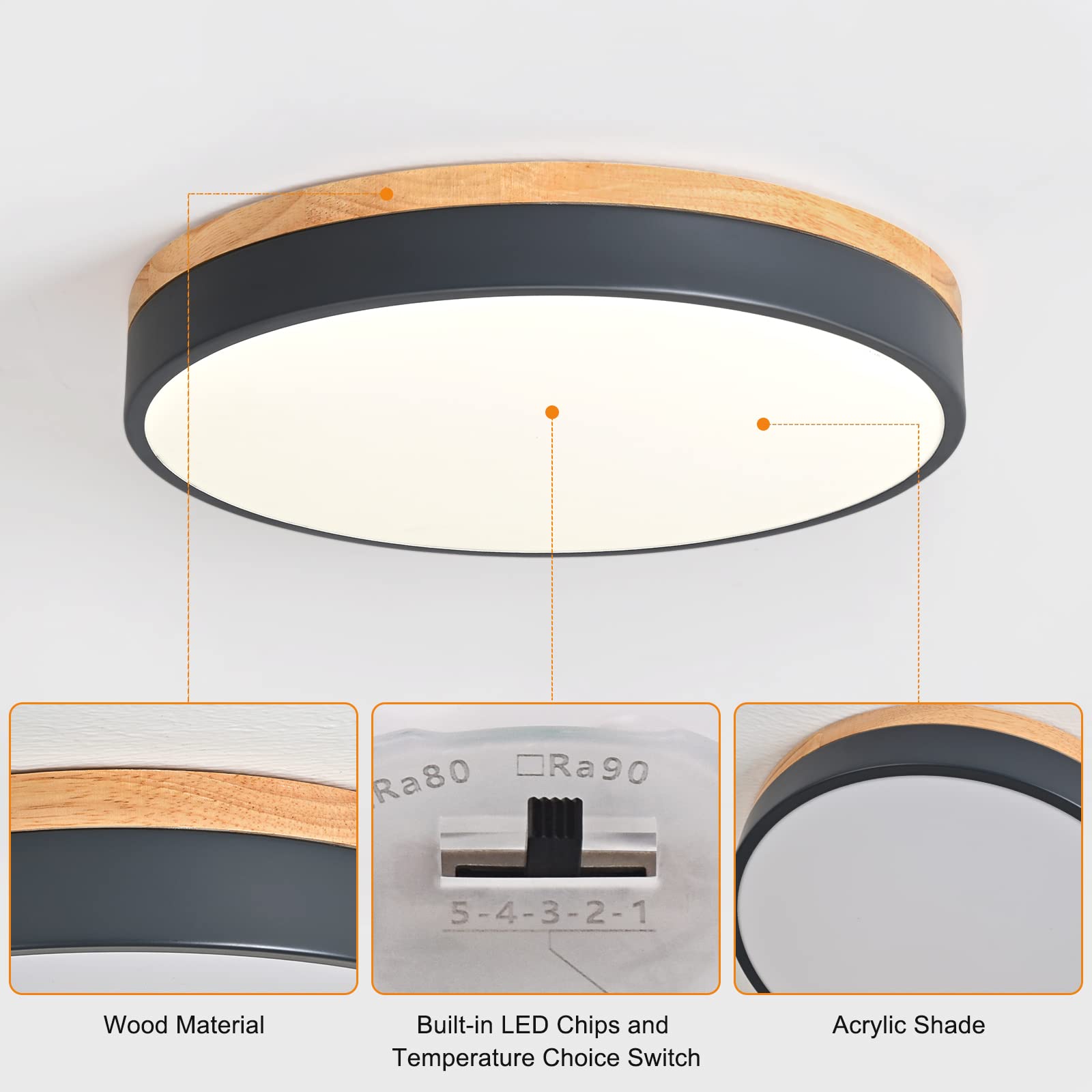 Yiisem Dimmable Wood Led Flush Mount Ceiling Light, 5Cct 2700K-6000K Selectable Modern Round Close To Ceiling Lighting Fixtures,