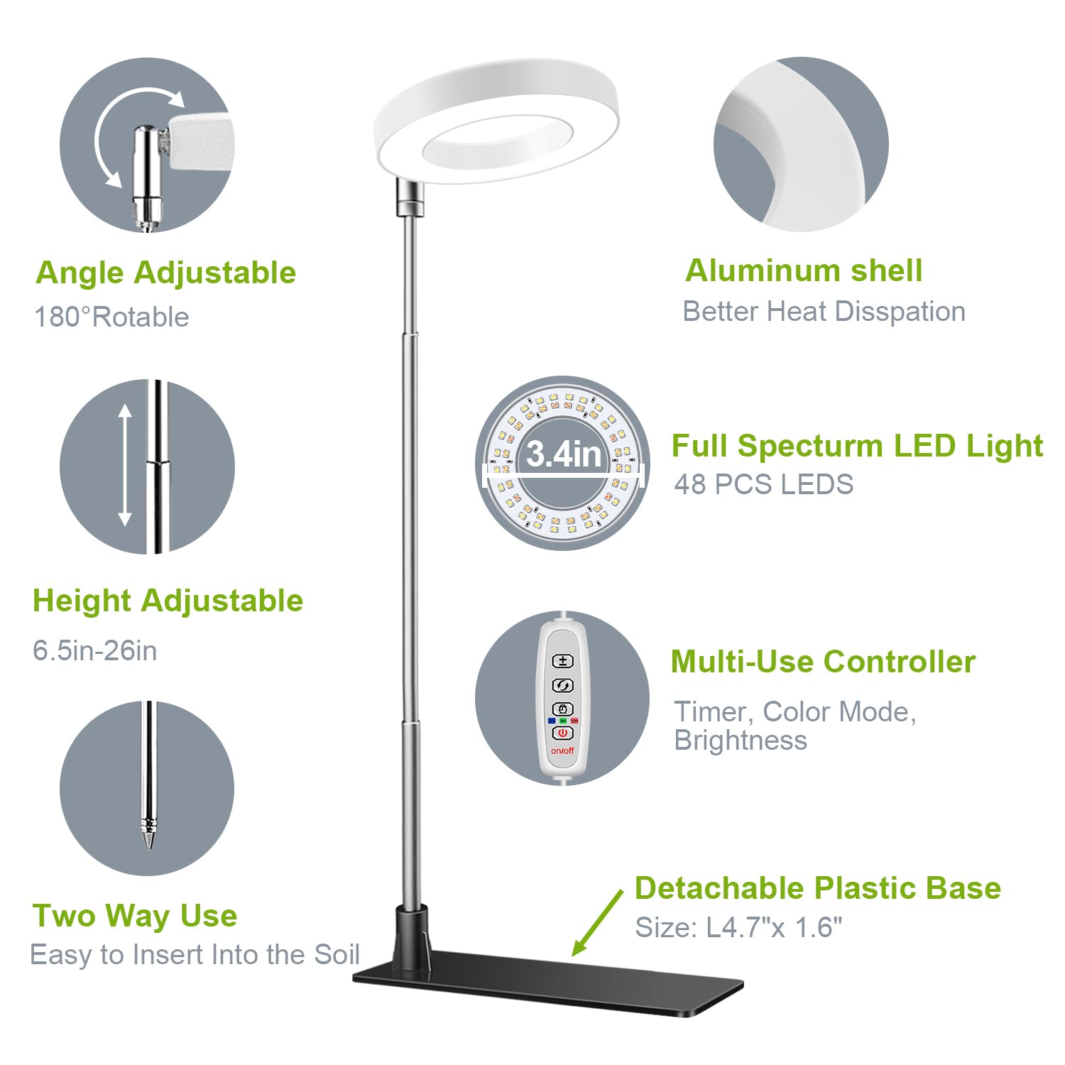 Kullsinss Grow Lights for Indoor Plants, 48 LEDs Full Spectrum, Height Adjustable, 3 Pack, White, Model BL-C10B