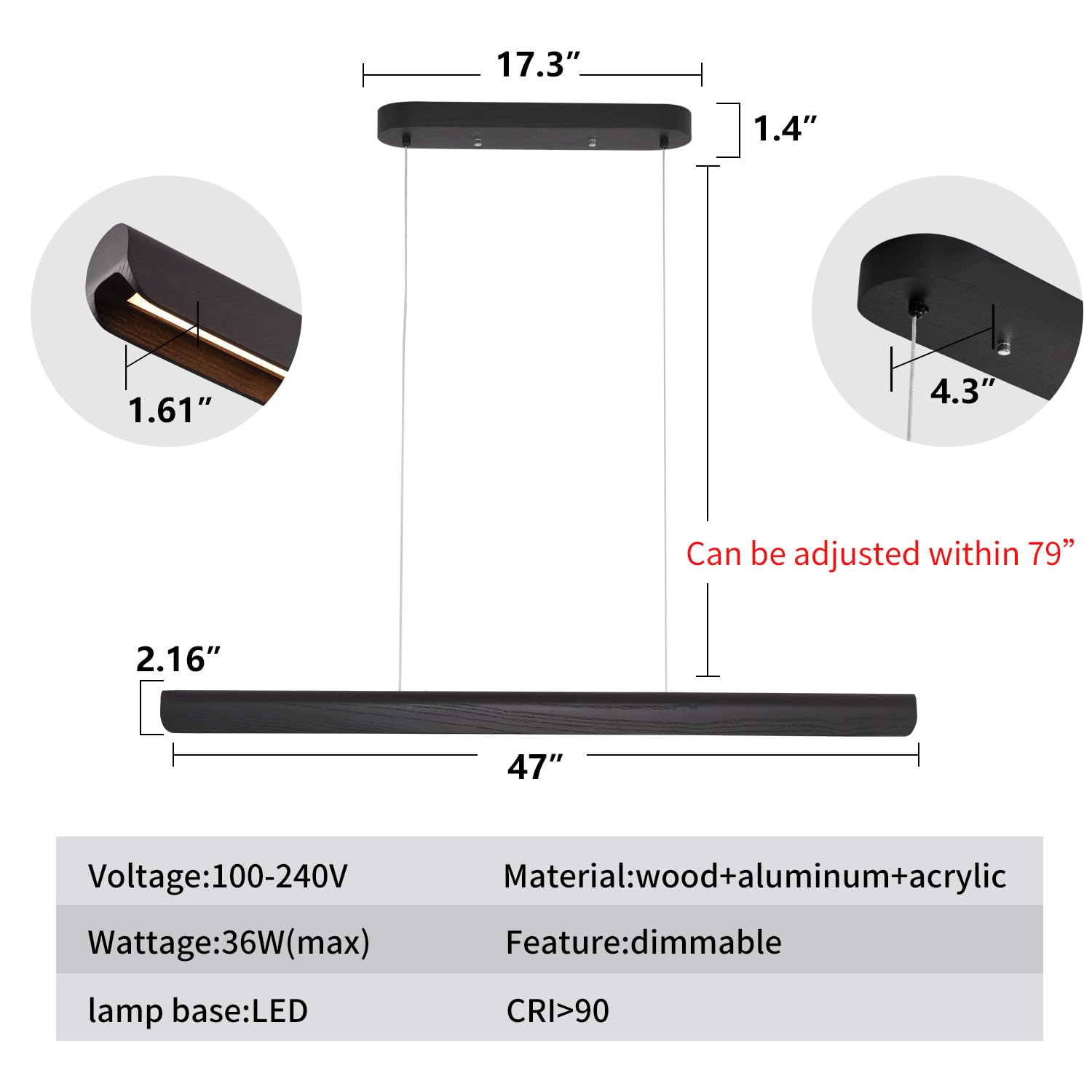 Yisdesign 47Inch Wood Led Linear Pendant Light  Dimmable Wood Ceiling Lamp Minimalist Linear Chandelier  36W Warm Light 3000K  Modern Kitchen Island Dining Room Lighting Black Adjustable Height