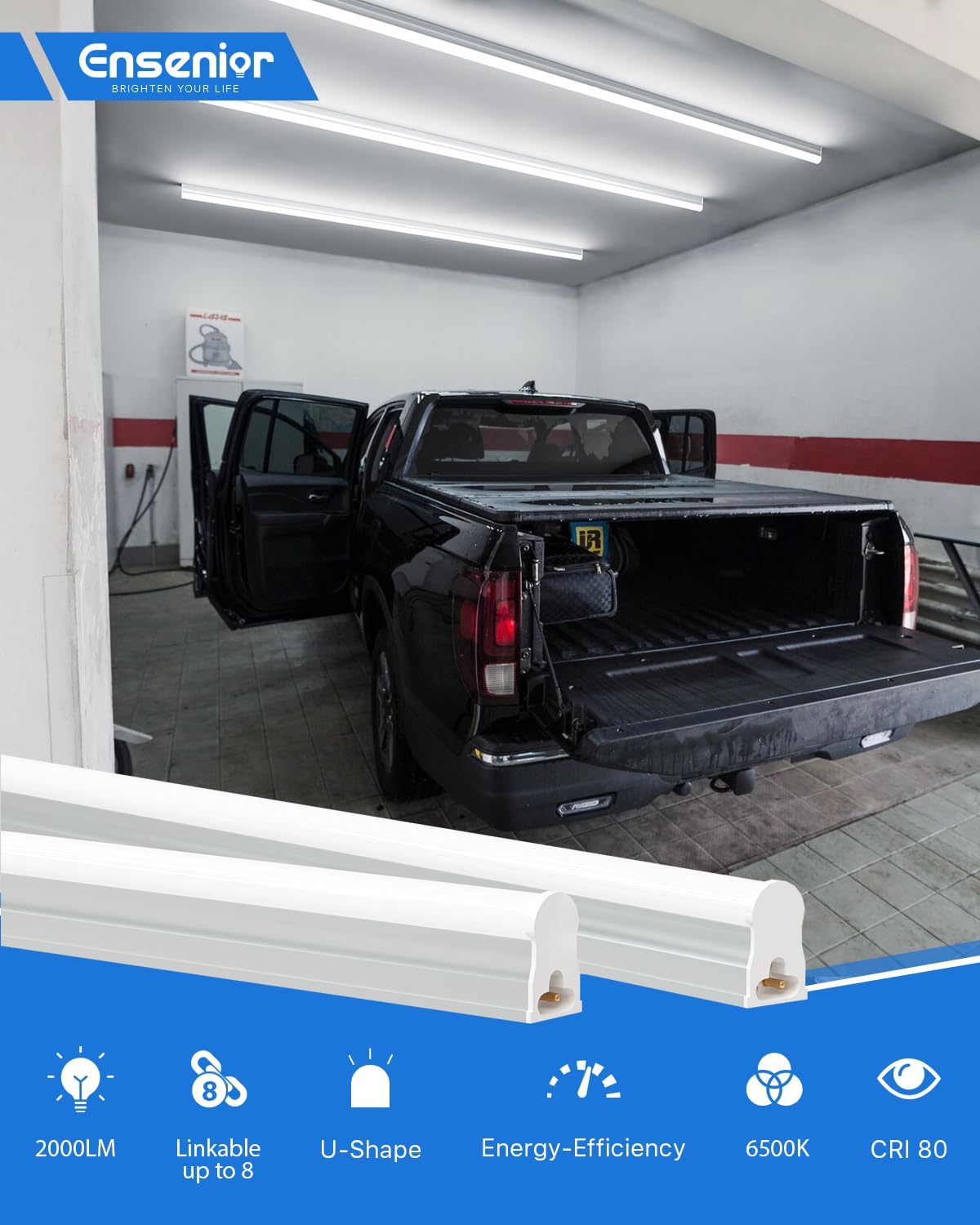 Ensenior 8-Pack T5 Led Shop Lights, 4Ft 2000Lm 6500K Super Bright White Integrated Single Fixture, 20W Linkable Utility Commerci