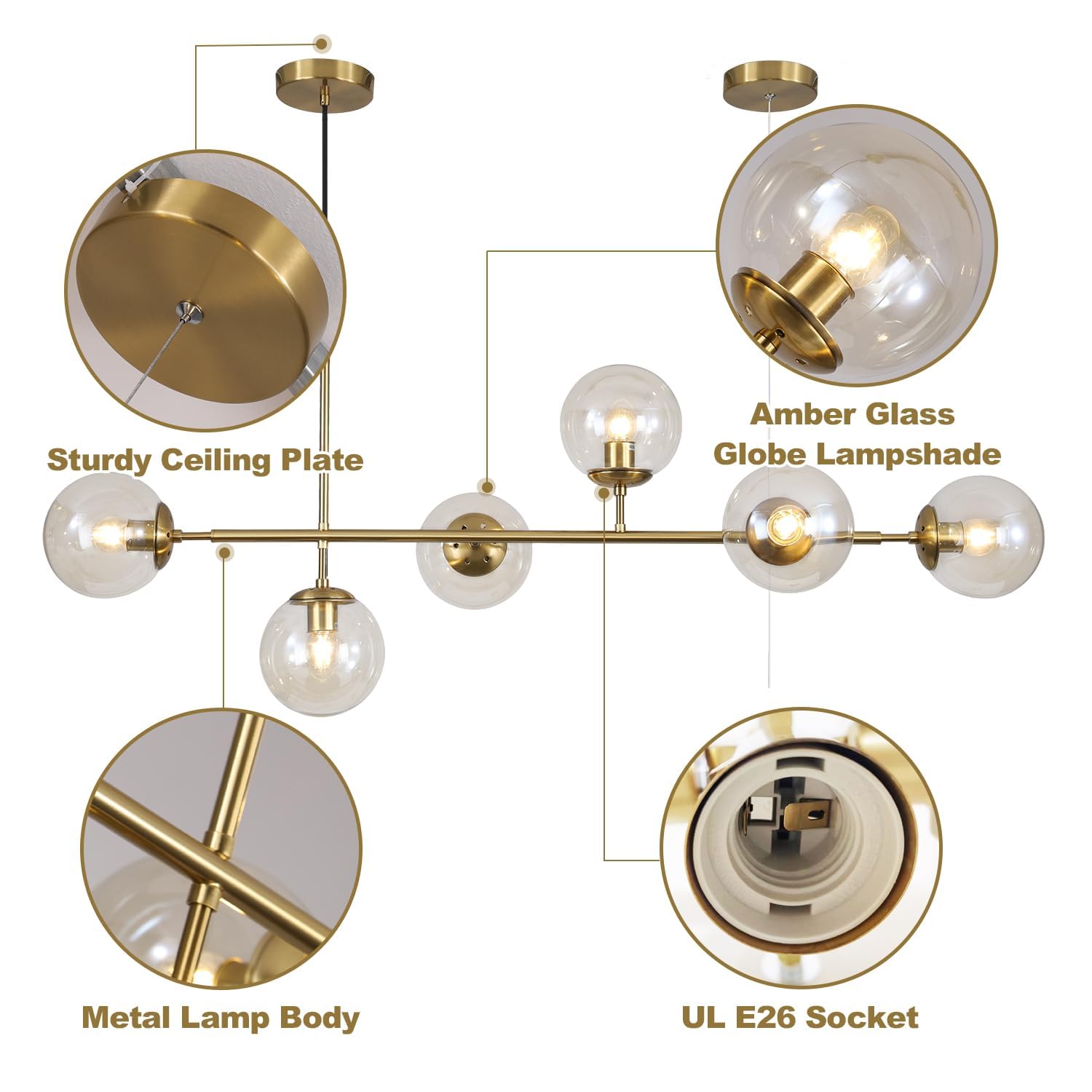KCO Lighting 6 Light Globe Linear Chandelier Amber Glass Gold Metal L1039-GA