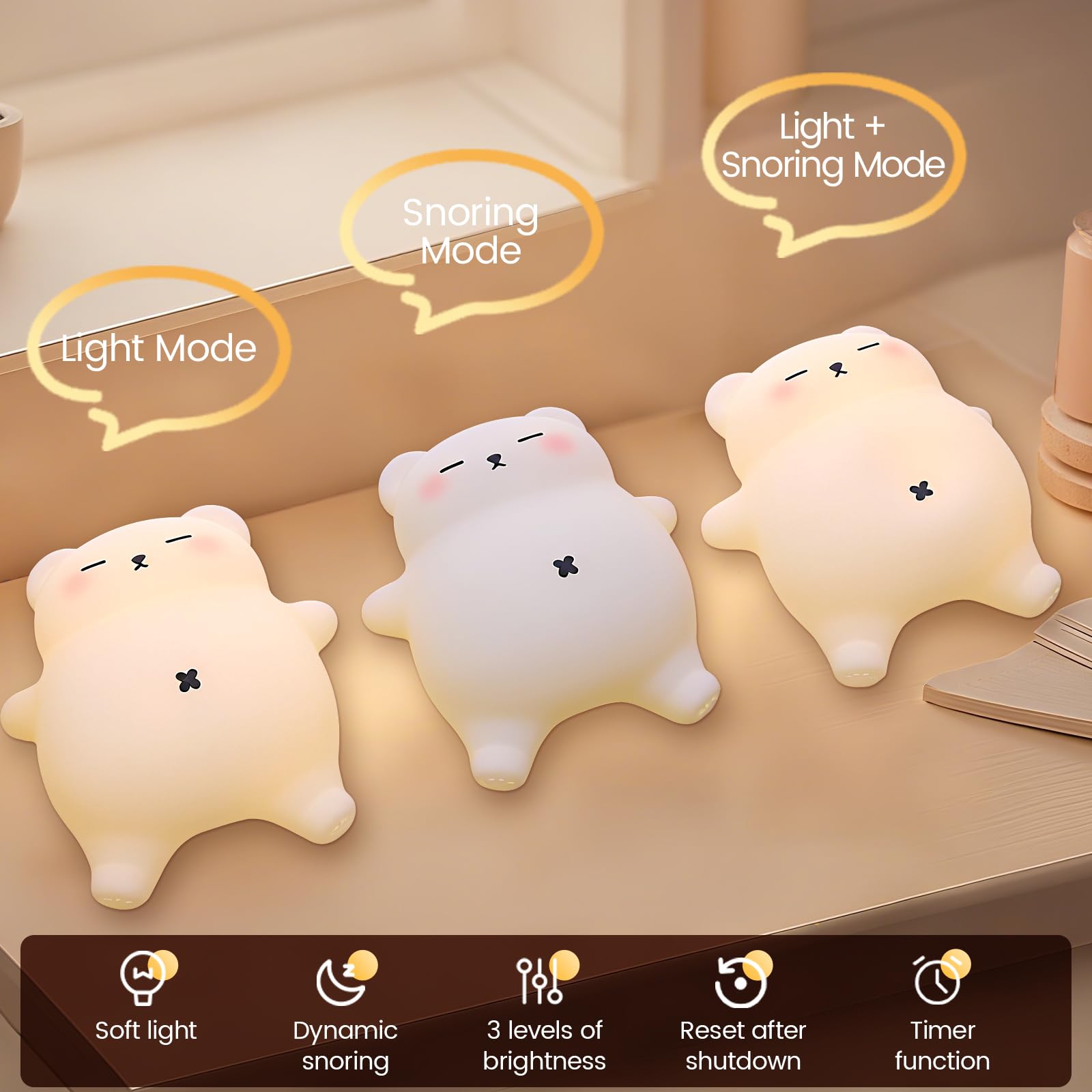 Snoring Bear Night Light - Adorable Gift for Kids, Babies, Moms & Seniors - Soft Silicone Sleep Lamp with Sound, 3 Brightness Le