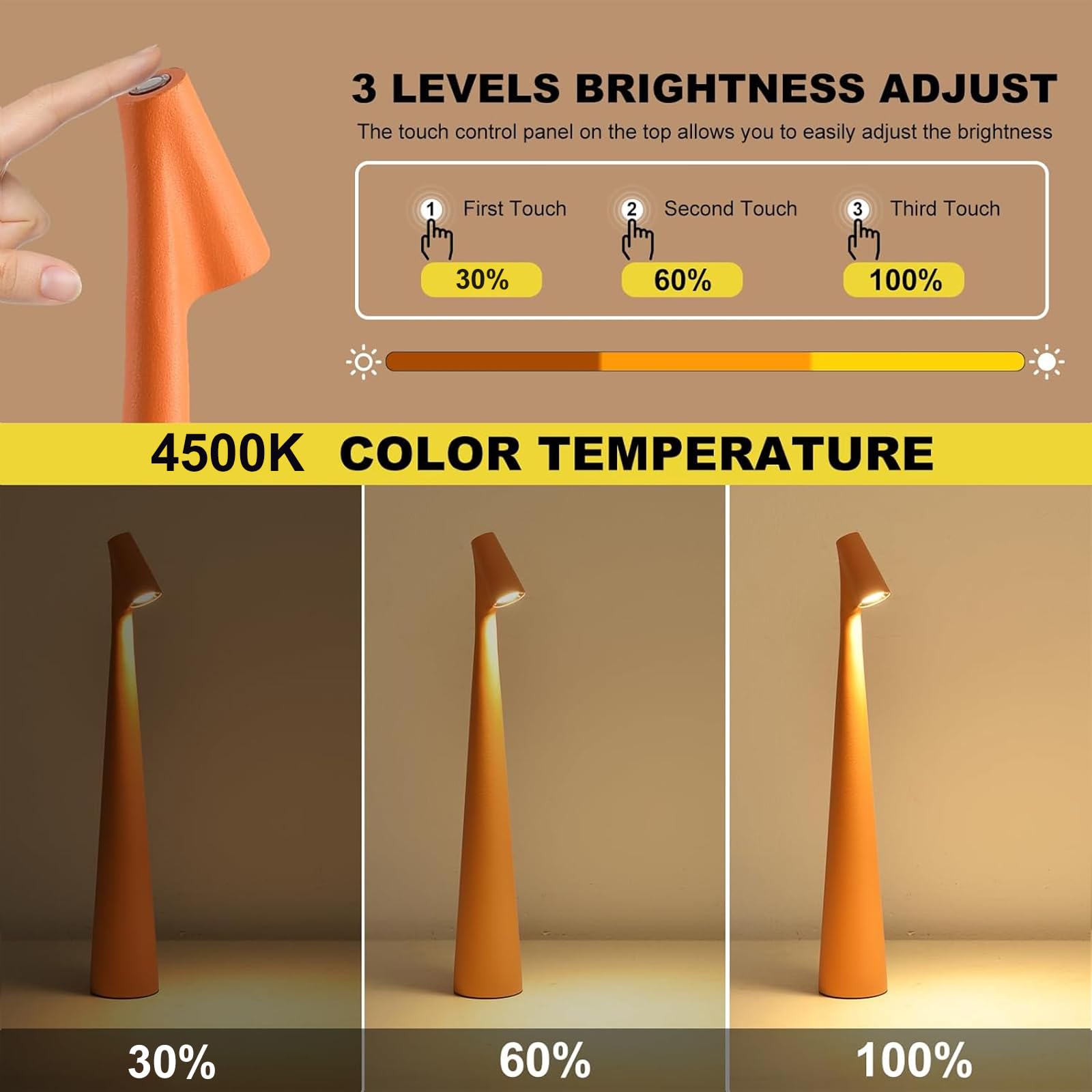 Hebangya Cordless Table Lamp, 3 Levels Brightness, Rechargeable, Aluminum, 1 Pack, Orange