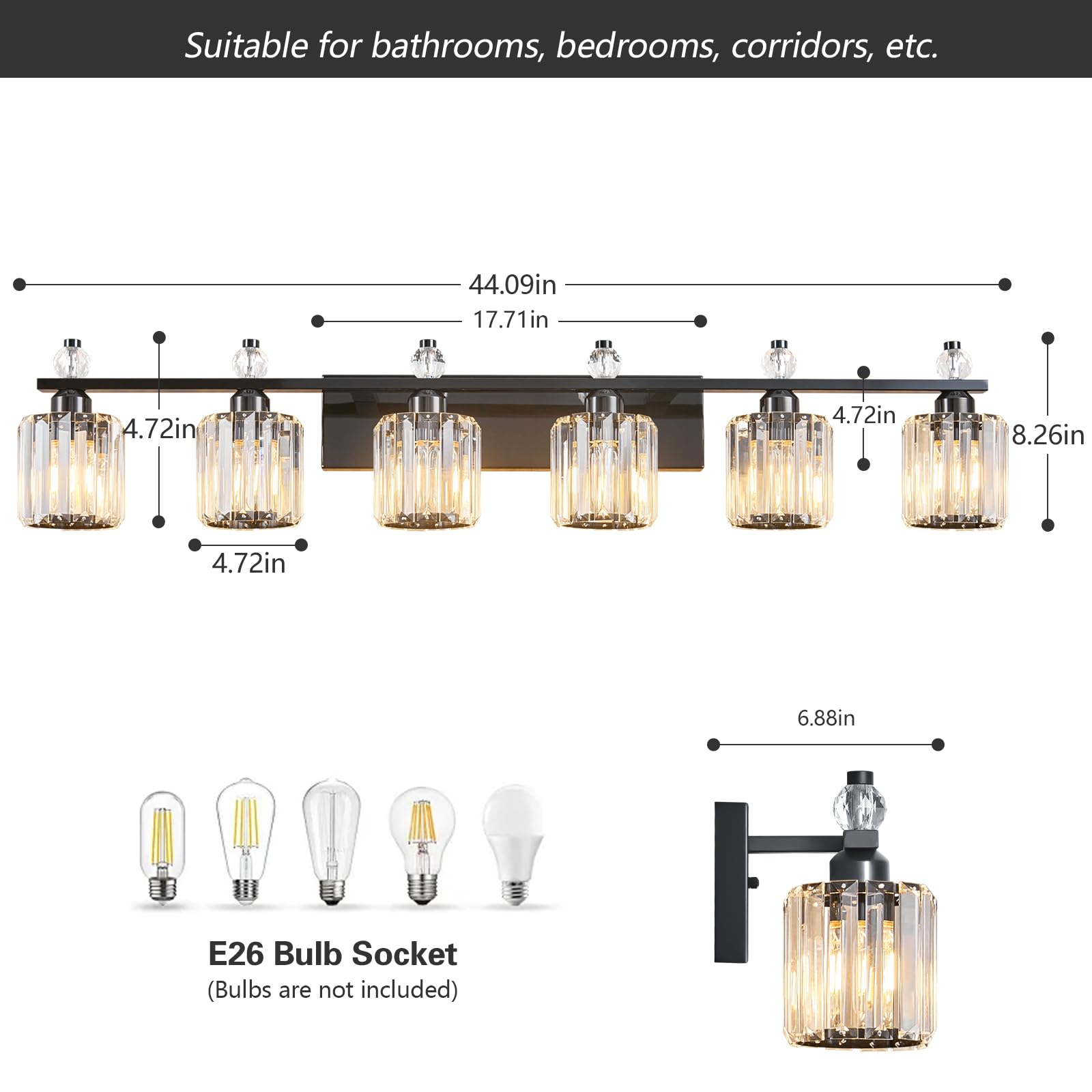 FDPBY Bathroom Vanity Lights 6-Light Metal Crystal Fixture Plating Black Model 291