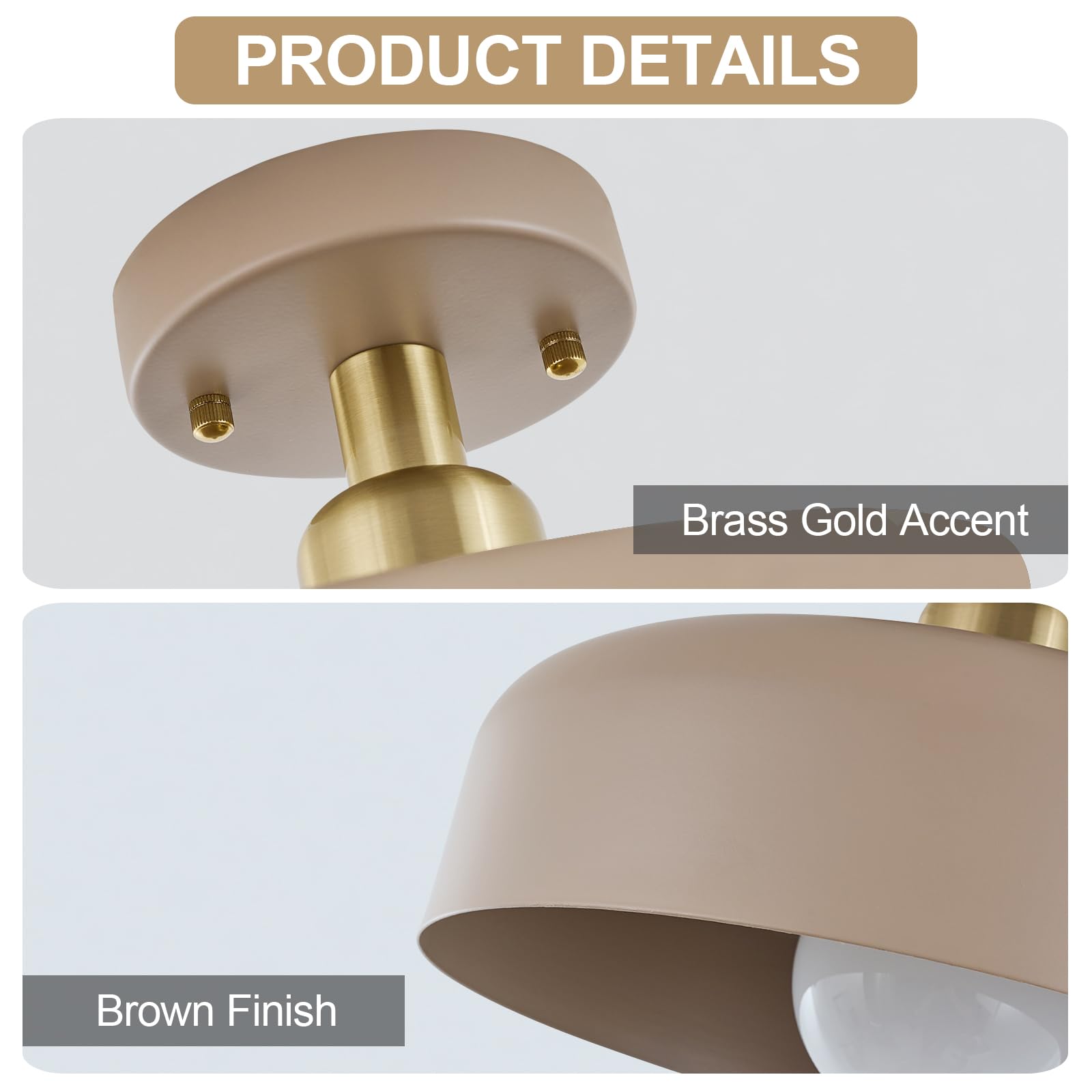 Bisamiya Contemporary Semi Flush Mount Ceiling Light Fixture, Brass Accent Ceiling Light With 12.6" Brown Metal Shade, For Kitchen, Entryway, Hallway, Dining Room, Cafe