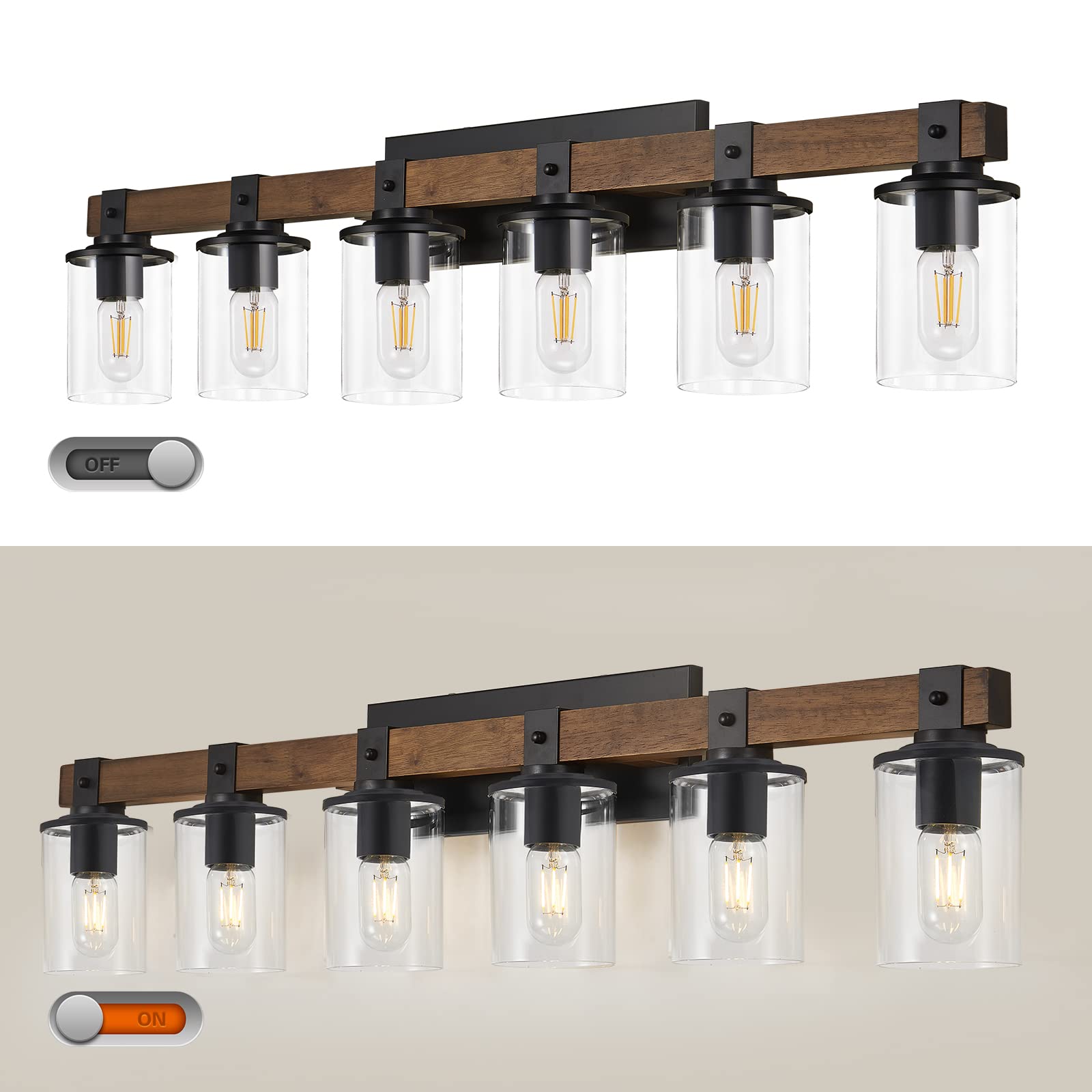 XGFOURSEVEN 6-Light Farmhouse Vanity Lights, Rustic Wood & Metal Wall Sconces, Model XG0106LPA