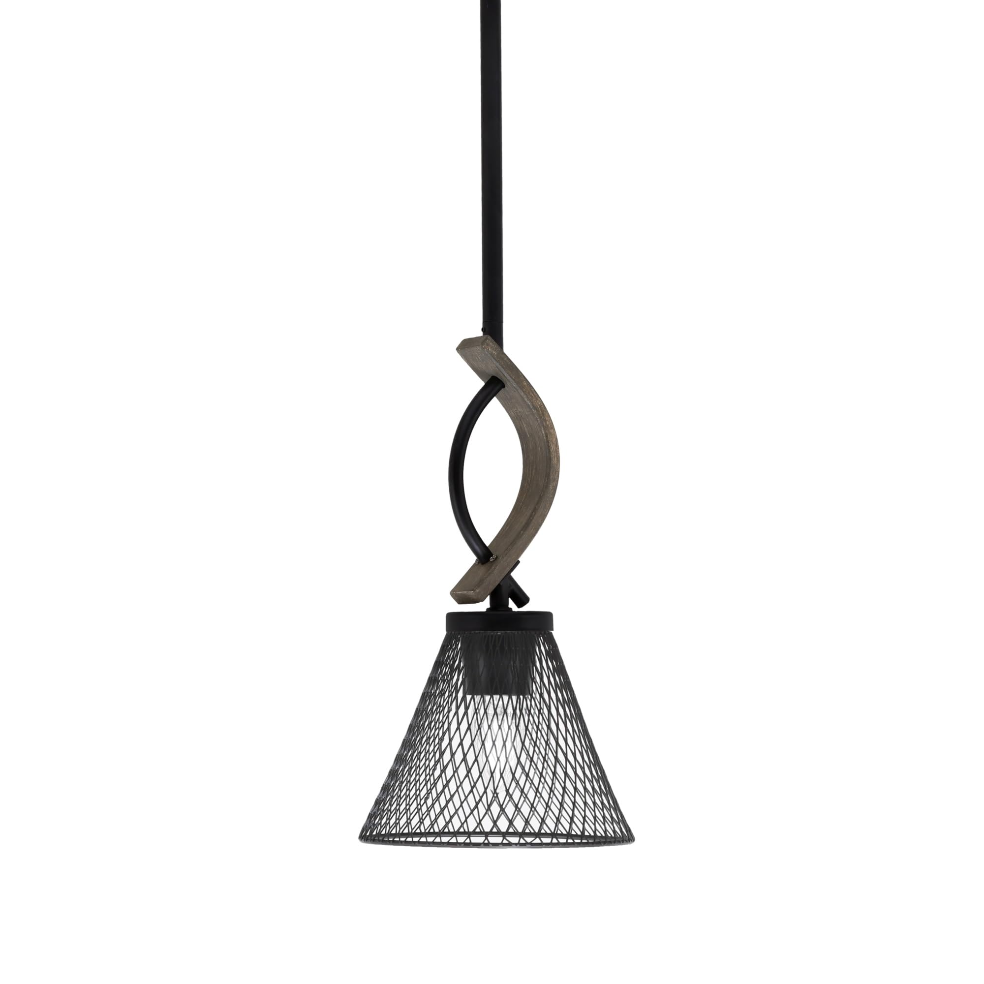 Toltec Lighting Monterey Stem Hung Mini Pendant - Matte Black & Distressed Wood-Look Metal, 7in Cone Mesh Shade