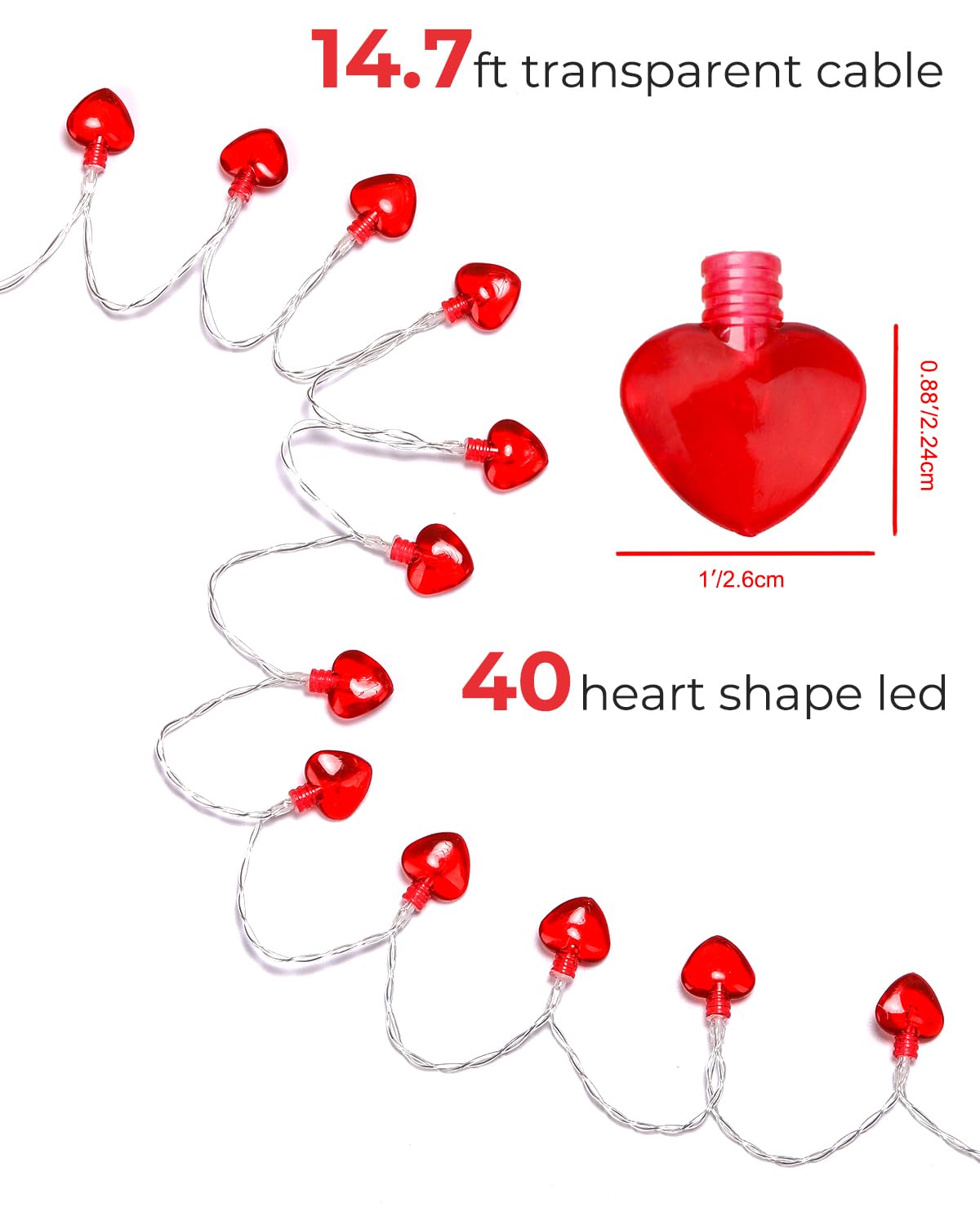 Luditek 40LED Heart Shape String Lights, 14.7ft, Battery Operated, Red, Model GL096, Indoor/Outdoor Decor