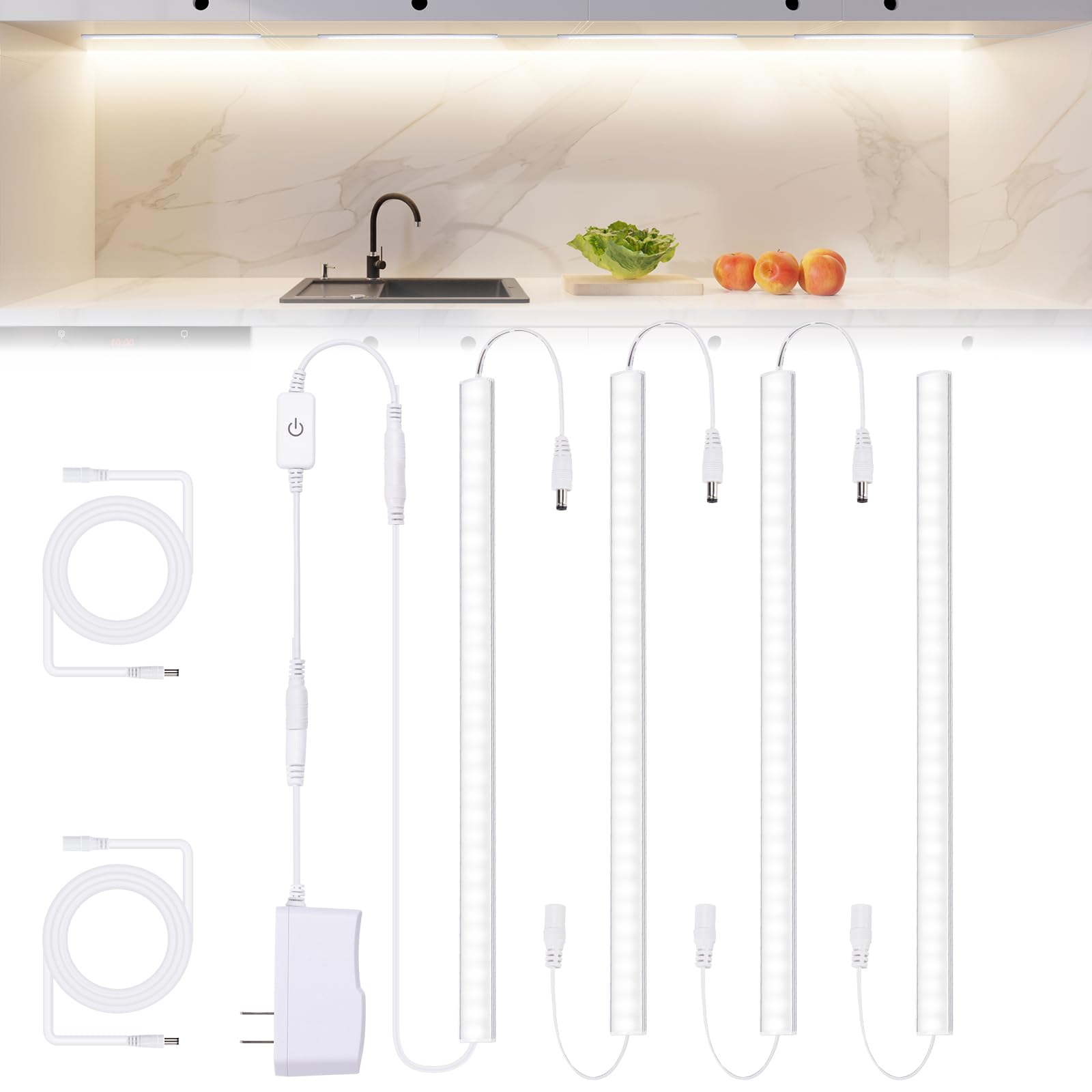 JUSJUBR Under Cabinet Lights Plug-in, 4 Pack x 12inch LED Under Cabinet Lighting, Dimmable Plug-in Light Bar for Desk, Under Kit