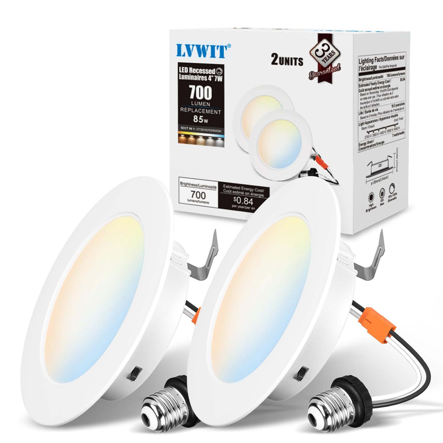 LVWIT LED Recessed Light 4inch, 5CCT Can Lighting with White Cover, Color Selectable Dimmable Downlight with E26 Conversion Kit,