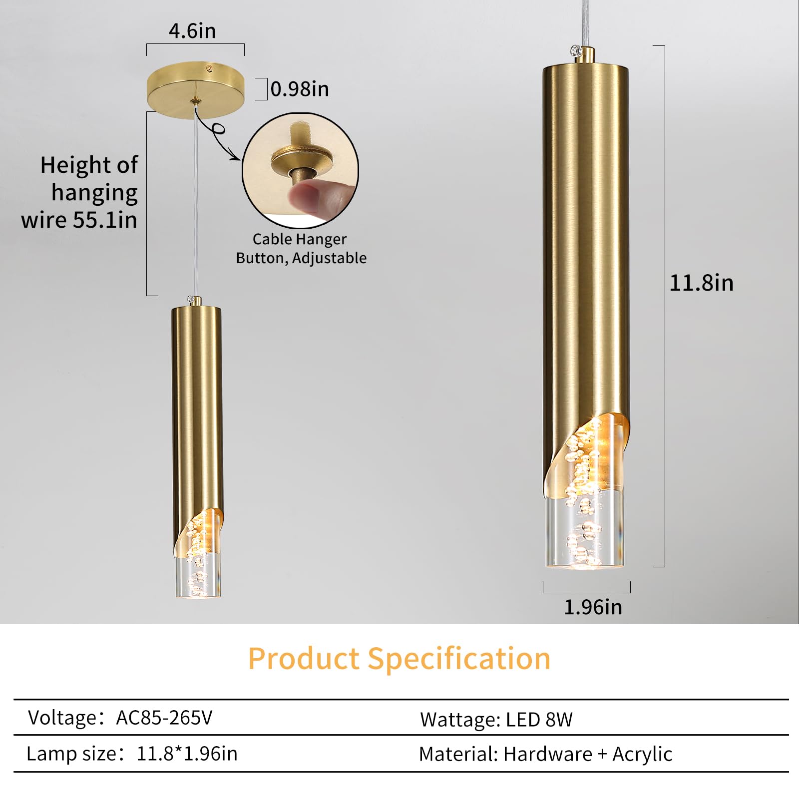 Modern Gold Pendant Light Fixture  Acrylic Bubble Cylinder Hanging Lights  3 Color 2700K/4500K/6500K  Minimalist Ceiling Chandelier Lighting For Dining Room  Bedroom  Hallway  Bar  Kitchen Island