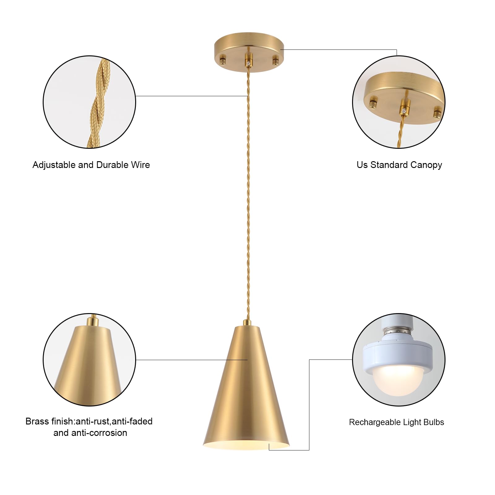 Dijiahua Gold Battery Operated Pendant Lights, 3 Pack, Remote Control, Wireless Rechargeable, Brass Metal Shade, Model P-JDH0117