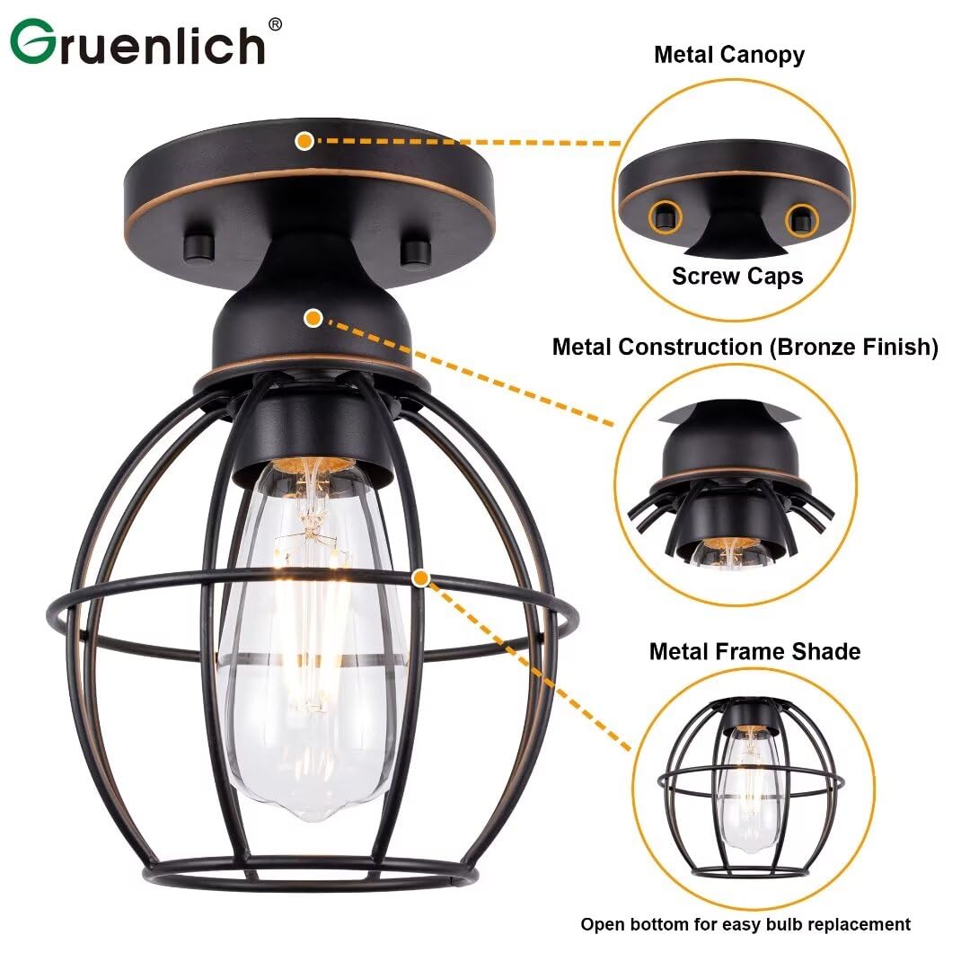 Gruenlich Semi Flush Mount Ceiling Light, 2-Pack Oil Rubbed Bronze, E26, Metal Cage Fixture