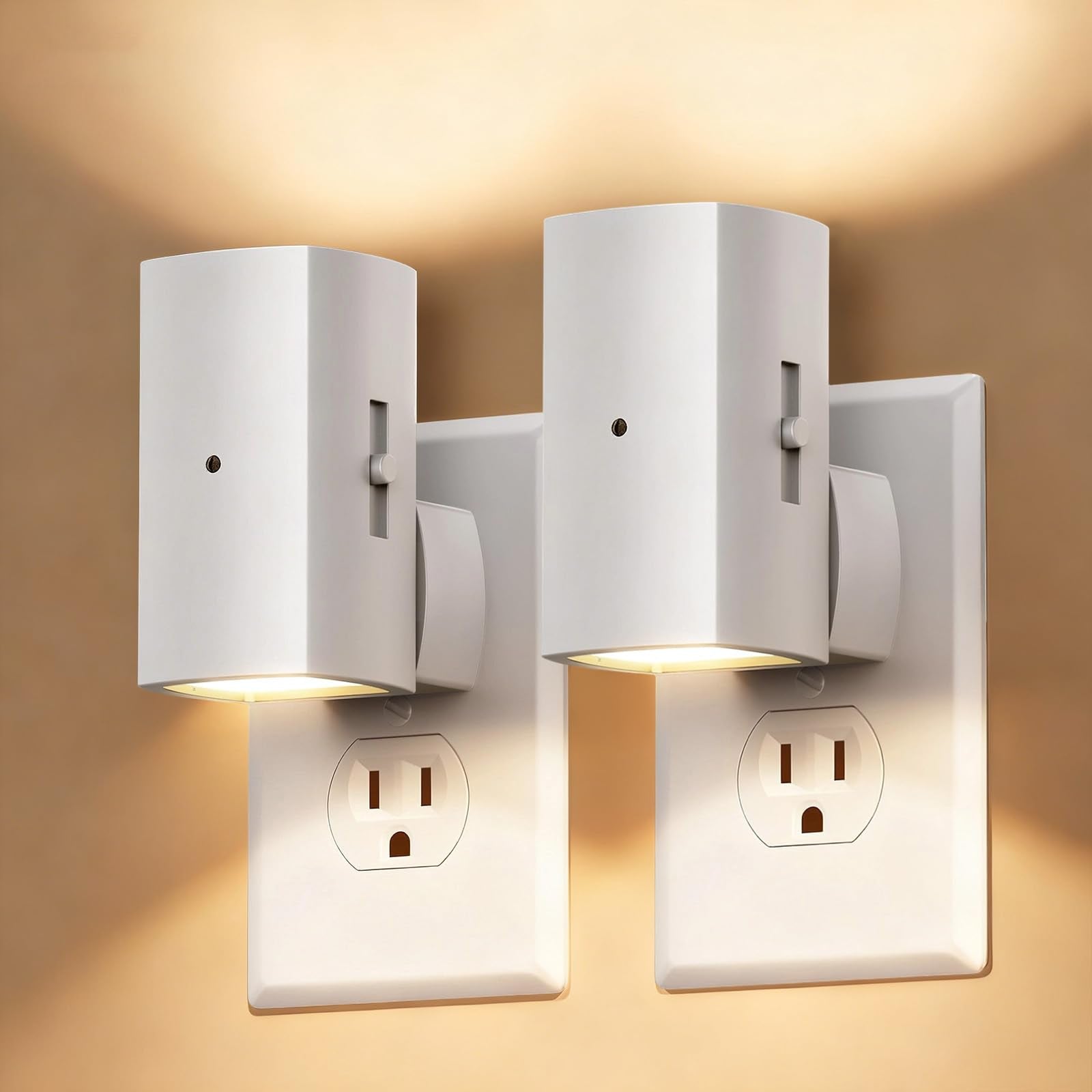 Brightown 2 Pack White Night Lights Plug into Wall  Modern Night Light with Rotating Plug  Dusk to Dawn Sensor  0-100LM Stepless Dimming Aora Night Light for Hallway Bedroom Bathroom  Soft White