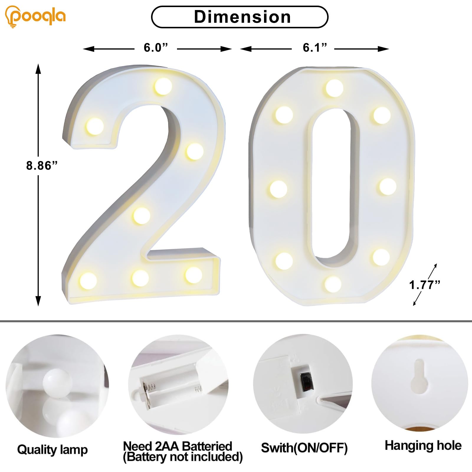 Pooqla LED Light Up Number 20 Decorations, 35 Colors, Plastic Marquee Sign for 20th Birthday Party, Model 0205001