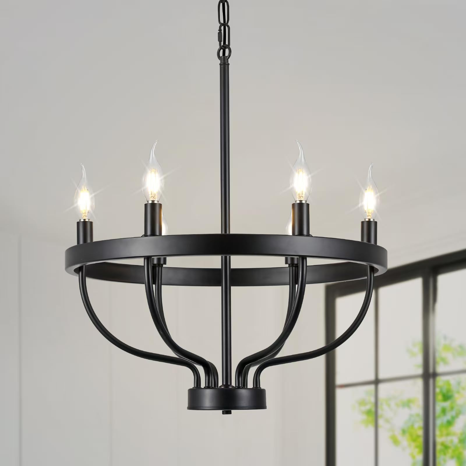 Black Dining Room Light Fixture, 6-Light Black Chandeliers for Dining Room Farmhouse Wagon Wheel Chandeliers, Adjustable Height 