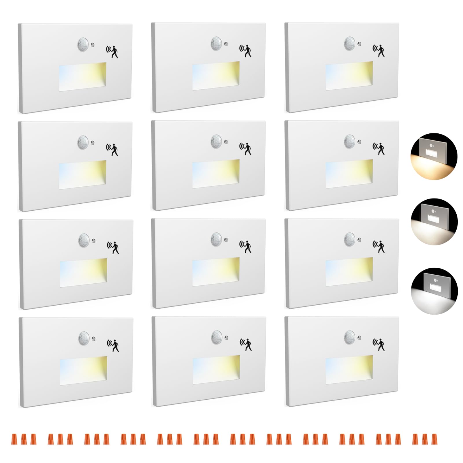 Raxjov 12 Pack Motion Sensor LED Step Lights, 3 Color Stepless Dimmable 120V Hardwired Stair Lights Indoor Outdoor, 3000K/4000K/
