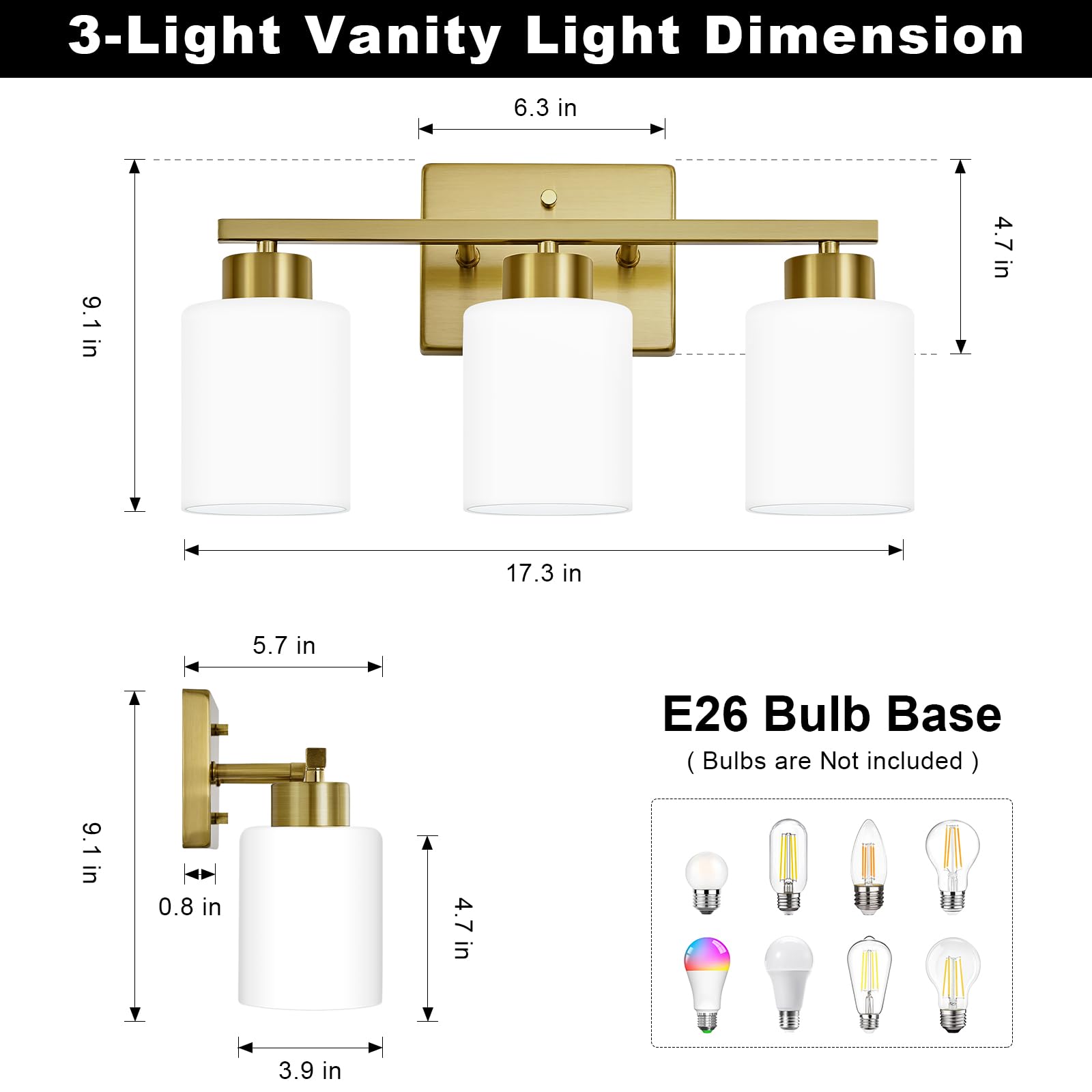 FonmYim Brushed Gold 3-Light Bathroom Vanity Light Fixture, Metal with Frosted Glass Shades, Model FY-GB3105-RG3