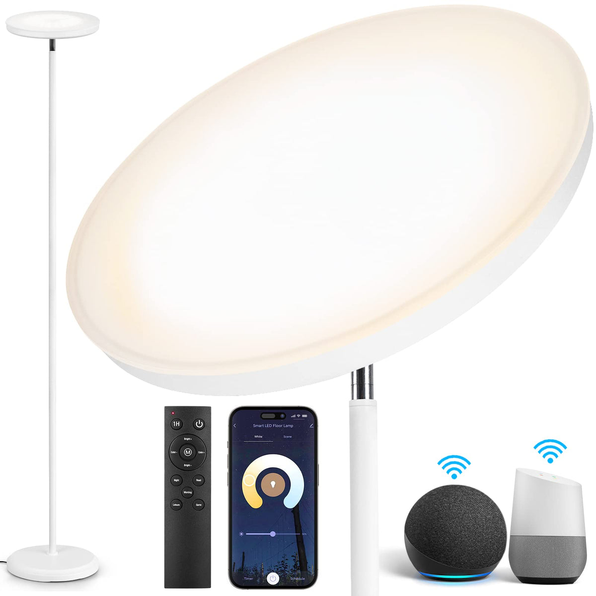 Outon Smart Led Floor Lamp, 30W/3000Lm Dimmable Bright Torchiere Sky Lamp Compatible With Alexa Google Home, Wifi Remote, Tall S