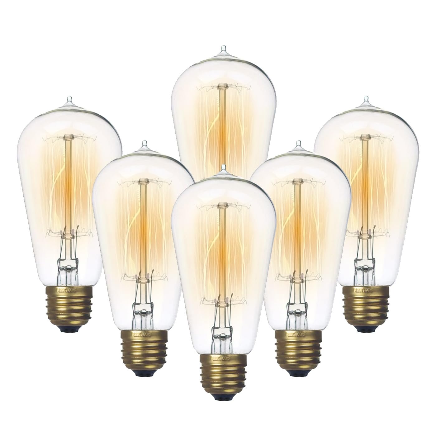 Jslinter Edison Light Bulb 6-Pack, Warm White 2200K, 60W Dimmable ST58, Clear Glass, Antique Vintage Style