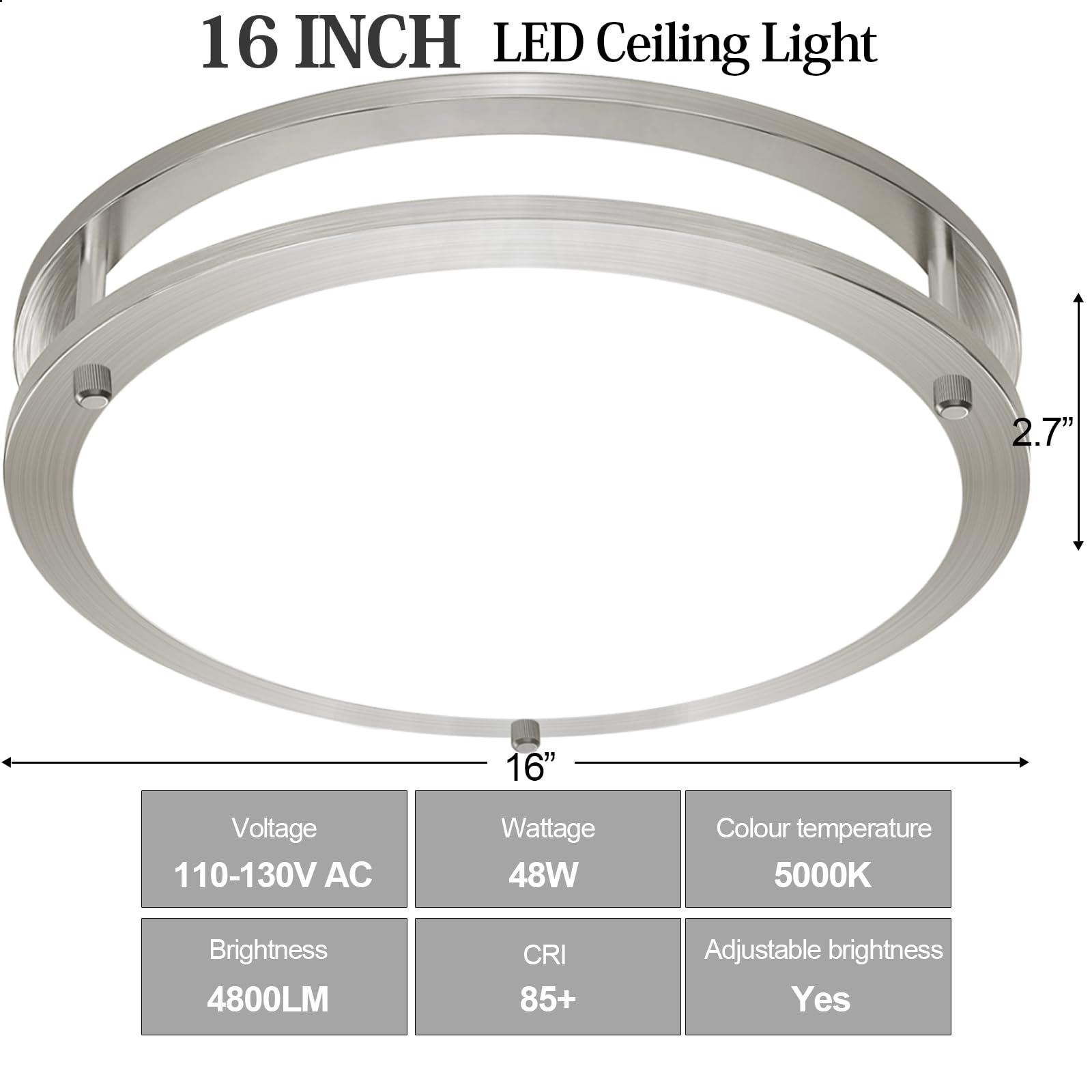 Oowolf 16Inch 48W Led Flush Mount Ceiling Light Fixture Dimmable, Super Bright Brushed Nickel Ceiling Light 4800Lm 5000K Dayligh
