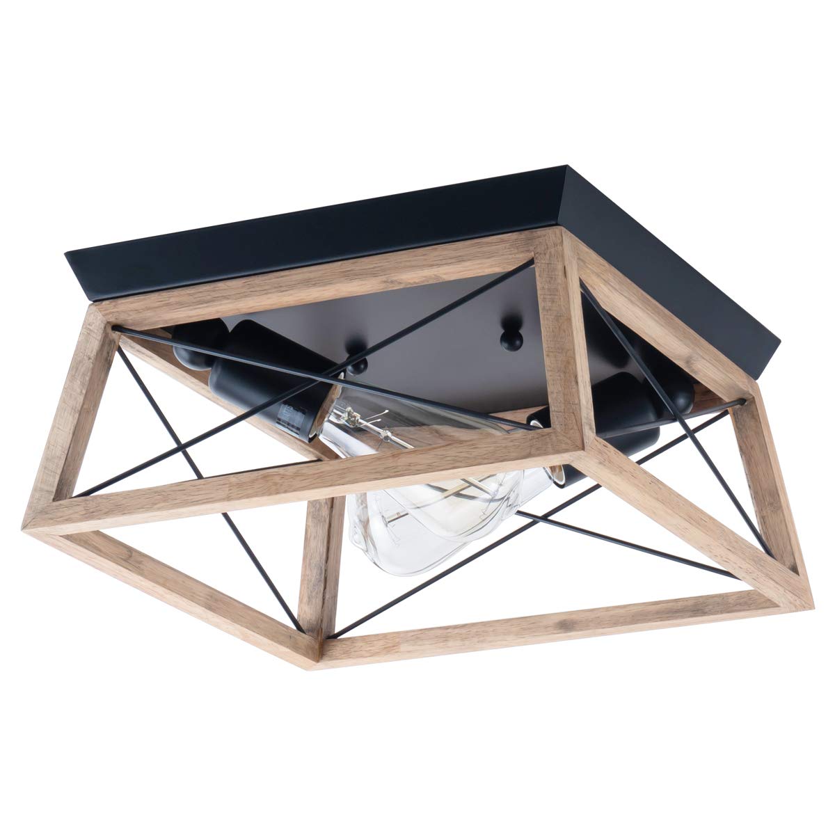 VILUXY Farmhouse Wood Flush Mount Ceiling Light Fixture - 2-Light Square Lamp - Light Wood - Model VILUXY-FL-2SQ-LW