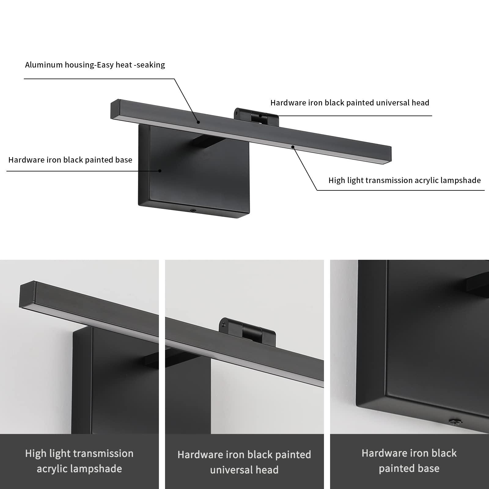 Joosenhouse 15.74" Dimmable LED Picture Light, Black Acrylic Wall Sconce, Model 7520-D, 3000K Warm White, Rotatable Art Lighting