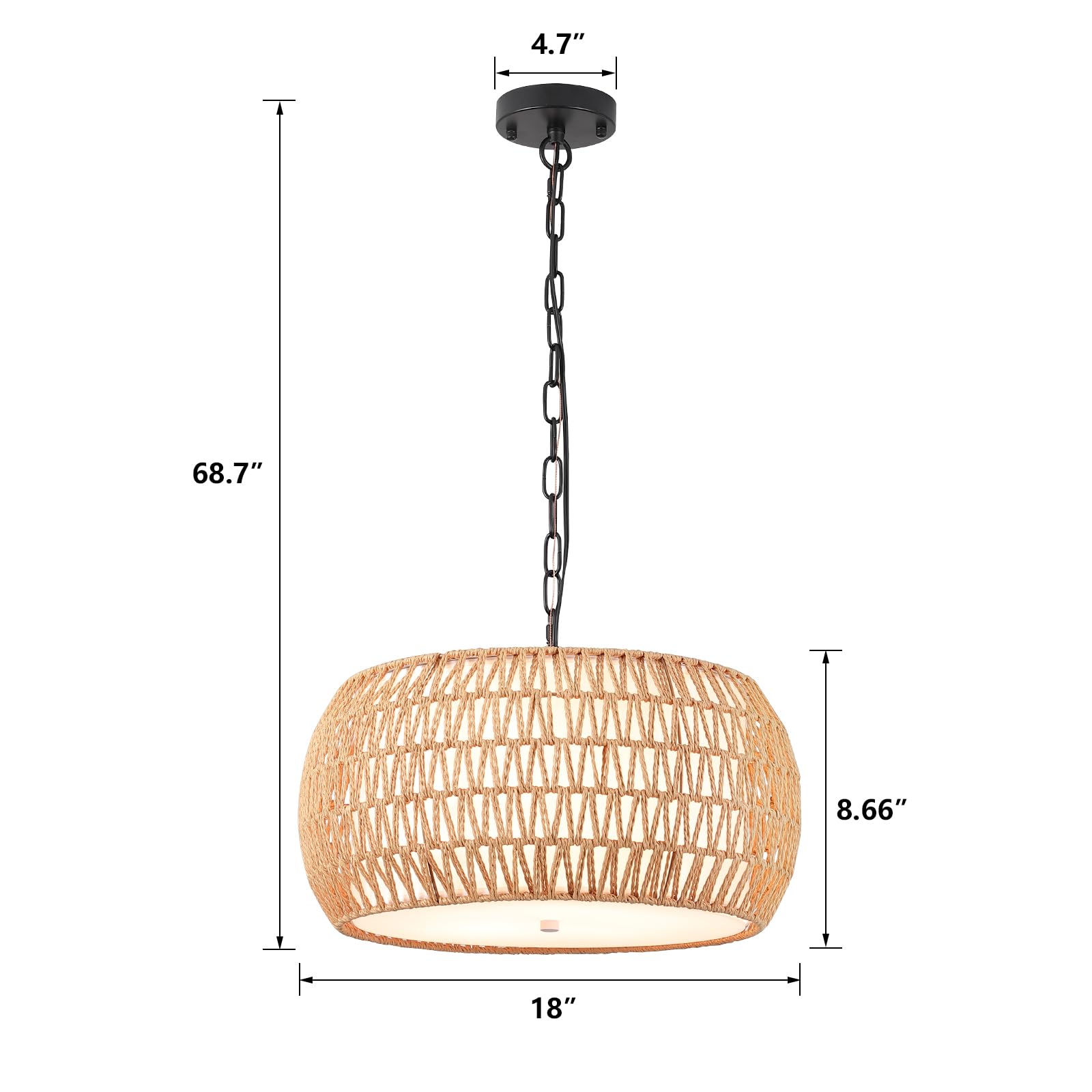 MEIXISUE Boho Rattan Chandelier, 5-Light Drum Pendant, 18" Natural Fabric Shade, UL Listed for Dining Room & Kitchen Island