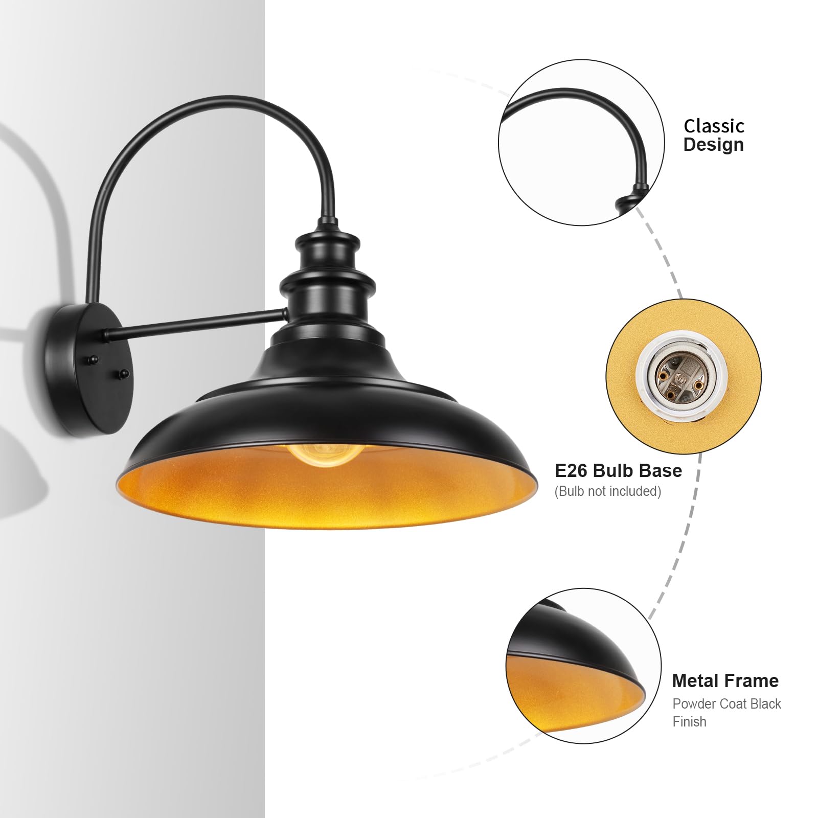 Diyel Outdoor Barn Light Fixture  16 Inch Large Dome Farmhouse Exterior Wall Mount Light  Rustic Wall Sconce Indoor Wall Lighting Fixture  Industrial Black Gold Lantern For Porch  1 Pack