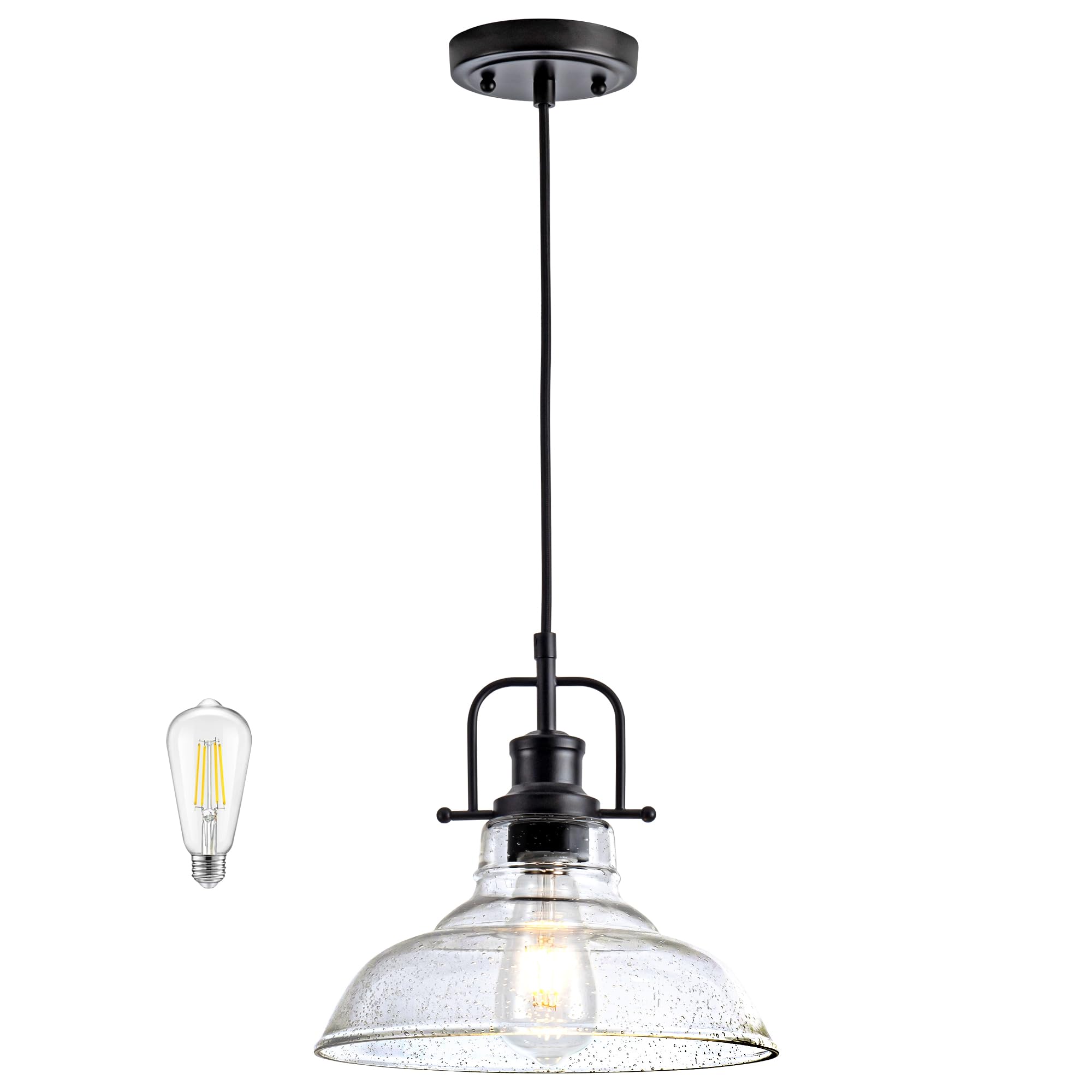 Zlepmlla Black Industrial Pendant Light Farmhouse 1-Light With Adjustable Cord, Clear Bubble Glass Shade,Rectangle Cute Hanging Lights For Hallway, Kitchen Island, Dinning Room