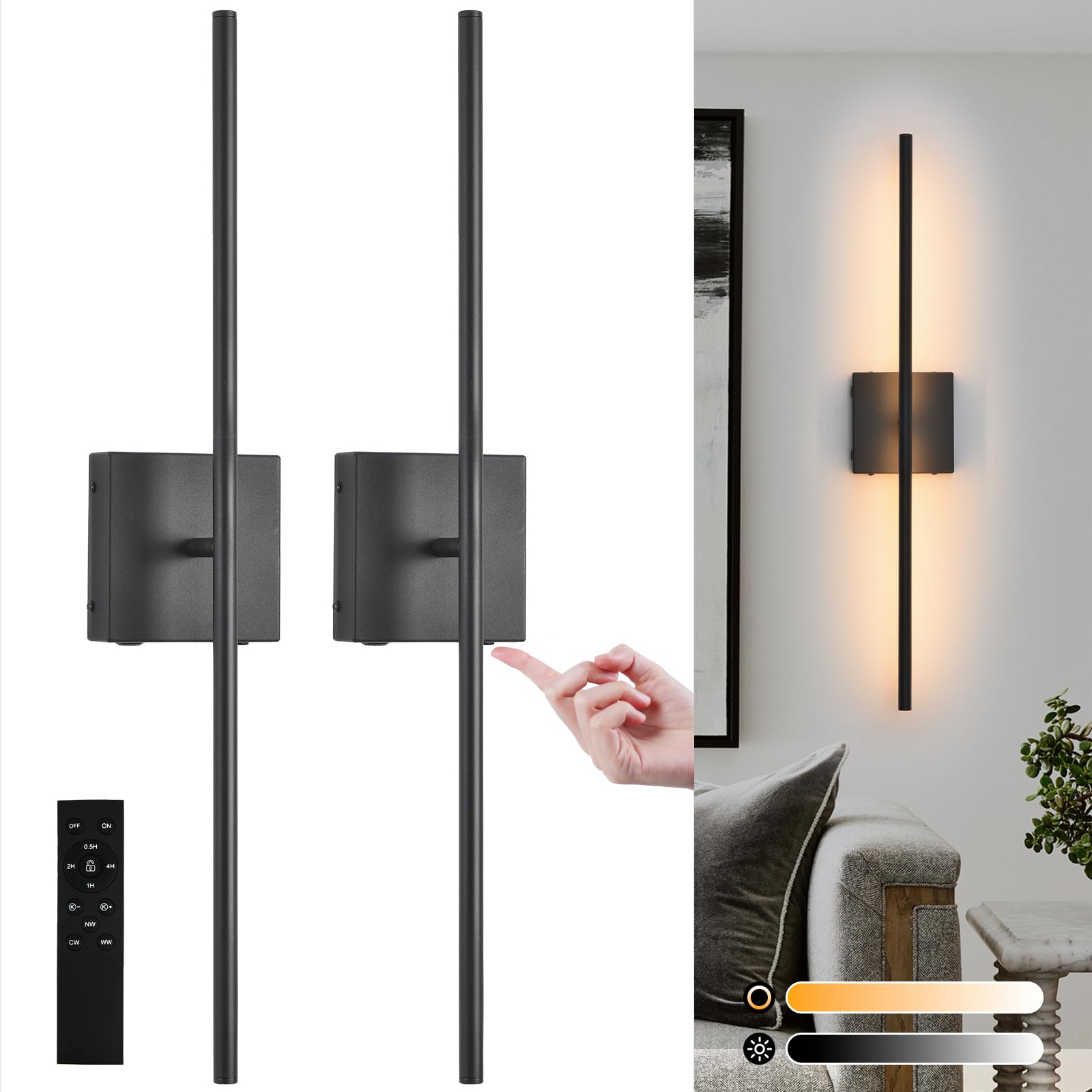 Battery Operated Wall Sconces Set Of 2, 16000Mah Black Rechargeable Wall Sconce With Remote Control, 3000K-6000K Dimmable Led Wireless Wall Light For Living Room, Hallway, Bedroom, Stairs, 29 Inchs