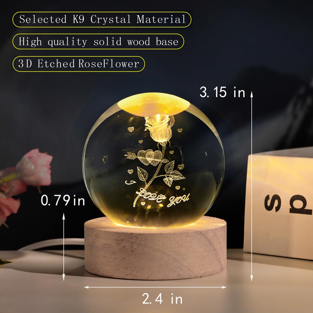 Qianchang 3D Rose Crystal Ball Night Light, I Love You Decor Figurine Lamp, Engraved Rose In Glass Ball Gifts For Mom Mother Gir