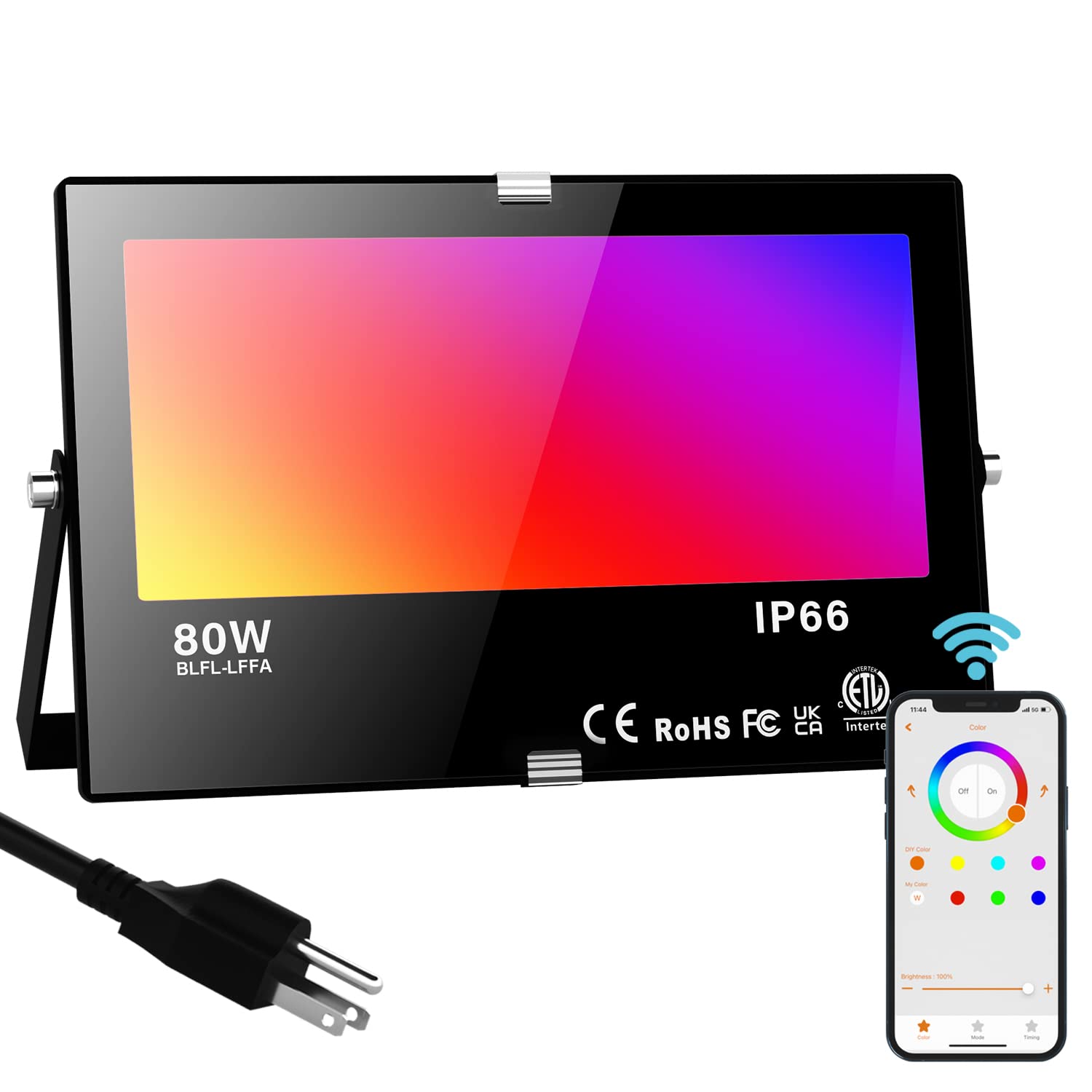 Led Flood Light Outdoor, 800W Equivalent 8000Lm Smart Rgb Stage Lights, Bluetooth Rgb Colors+Warm White 2700K - App & Group Control & Timing,Ip66 Waterproof Us 3-Plug Color Changing Strobe Lighting