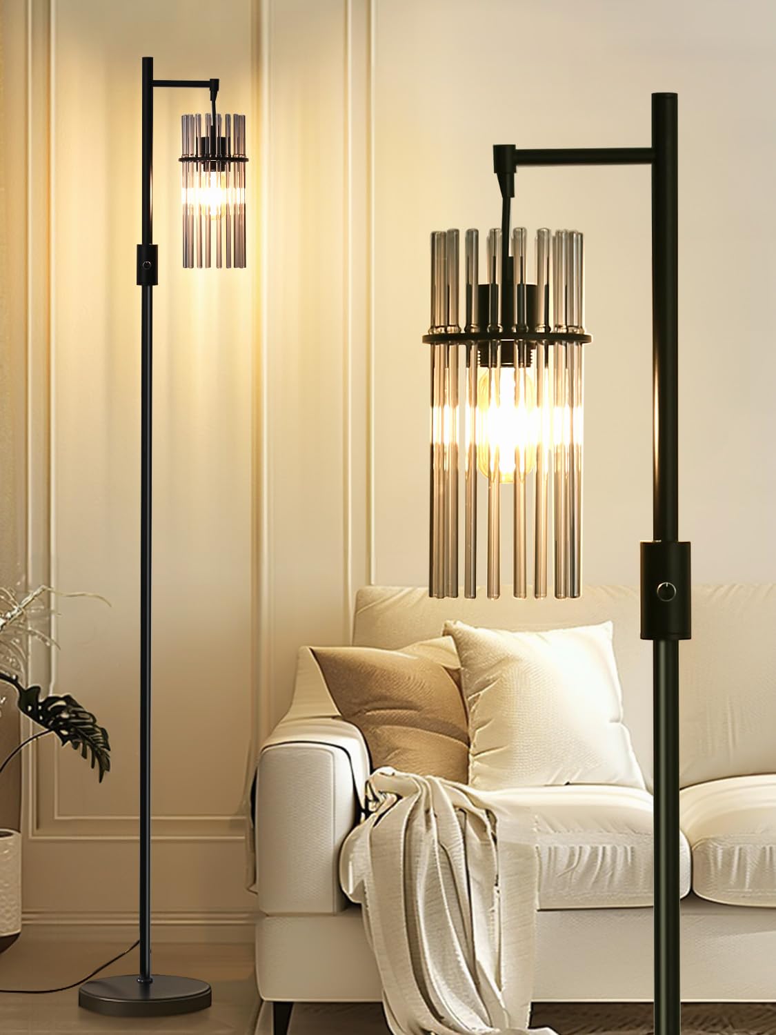 VOUTOORO Industrial Floor Lamps for Living Room, Dimmable Floor Lamp Modern Standing Lamps with Glass Lampshade, Rotary Switch, 