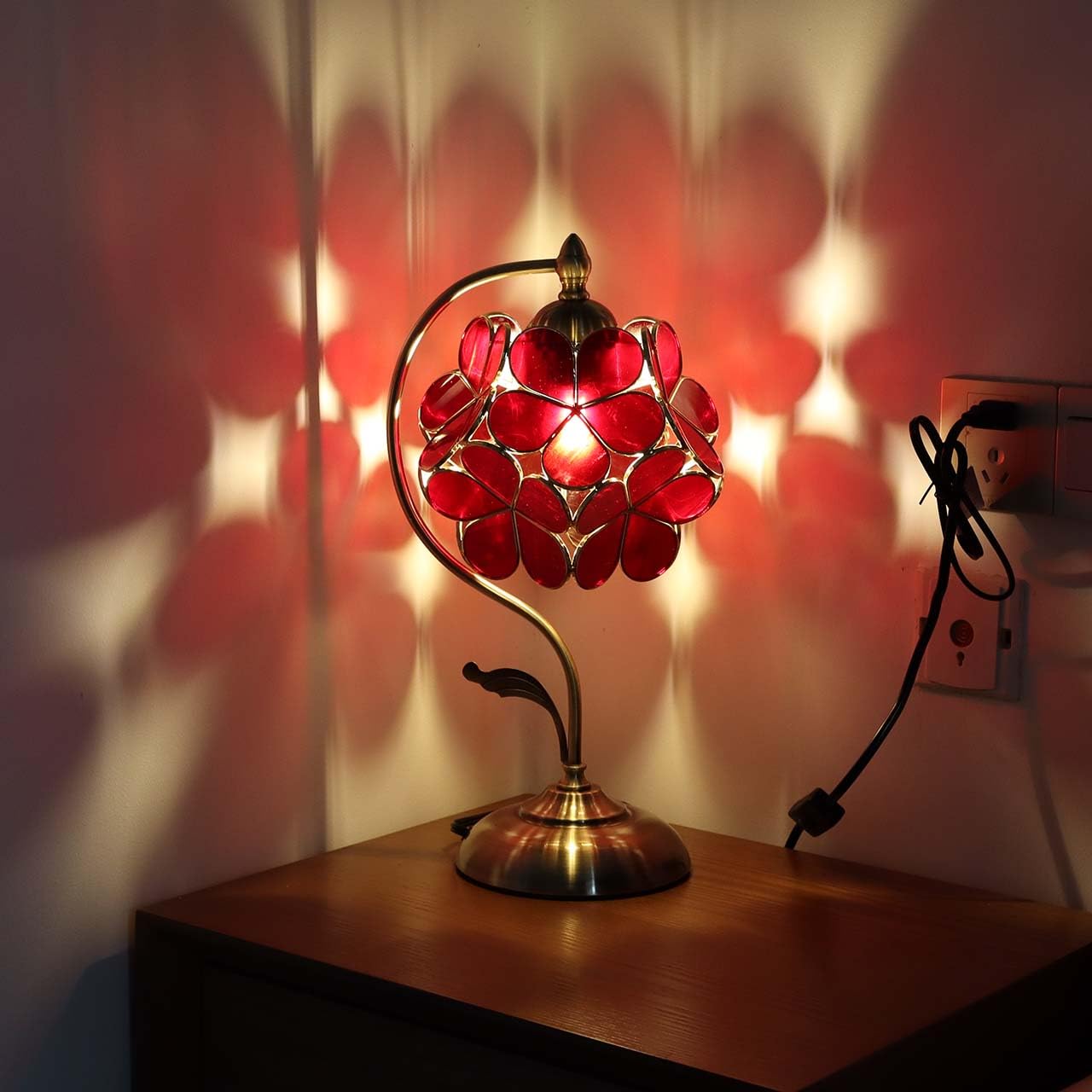 Bieye Tiffany Style Stained Glass Flower Petal Table Lamp, 8in Cherry Blossom, Red, Model PETALTABLE, Brass Base for Home Décor