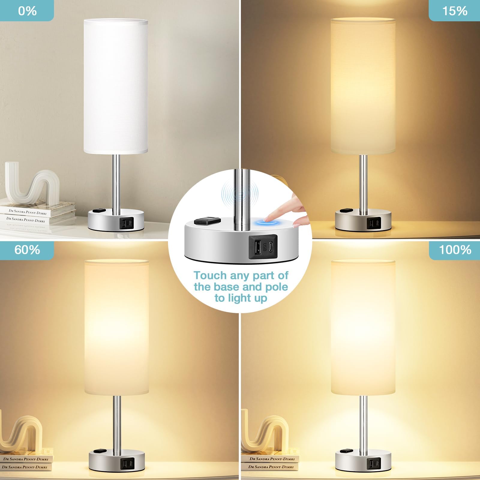 Fenmzee White Touch Bedroom Table Lamp - 3 Way Dimmable Bedside Lamp Usb C A Charging Ports And Ac Outlet, Small Lamp Nightstand