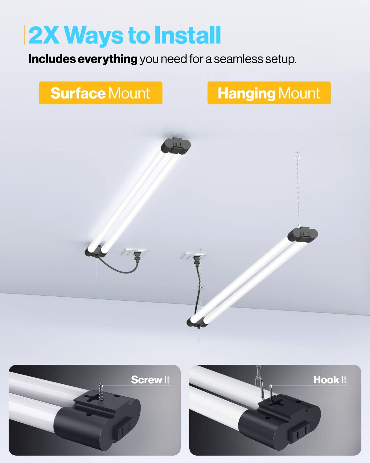 Sunco LED Shop Lights 4FT Linkable 4500 LM 40W 6000K Daylight 2 Pack Black