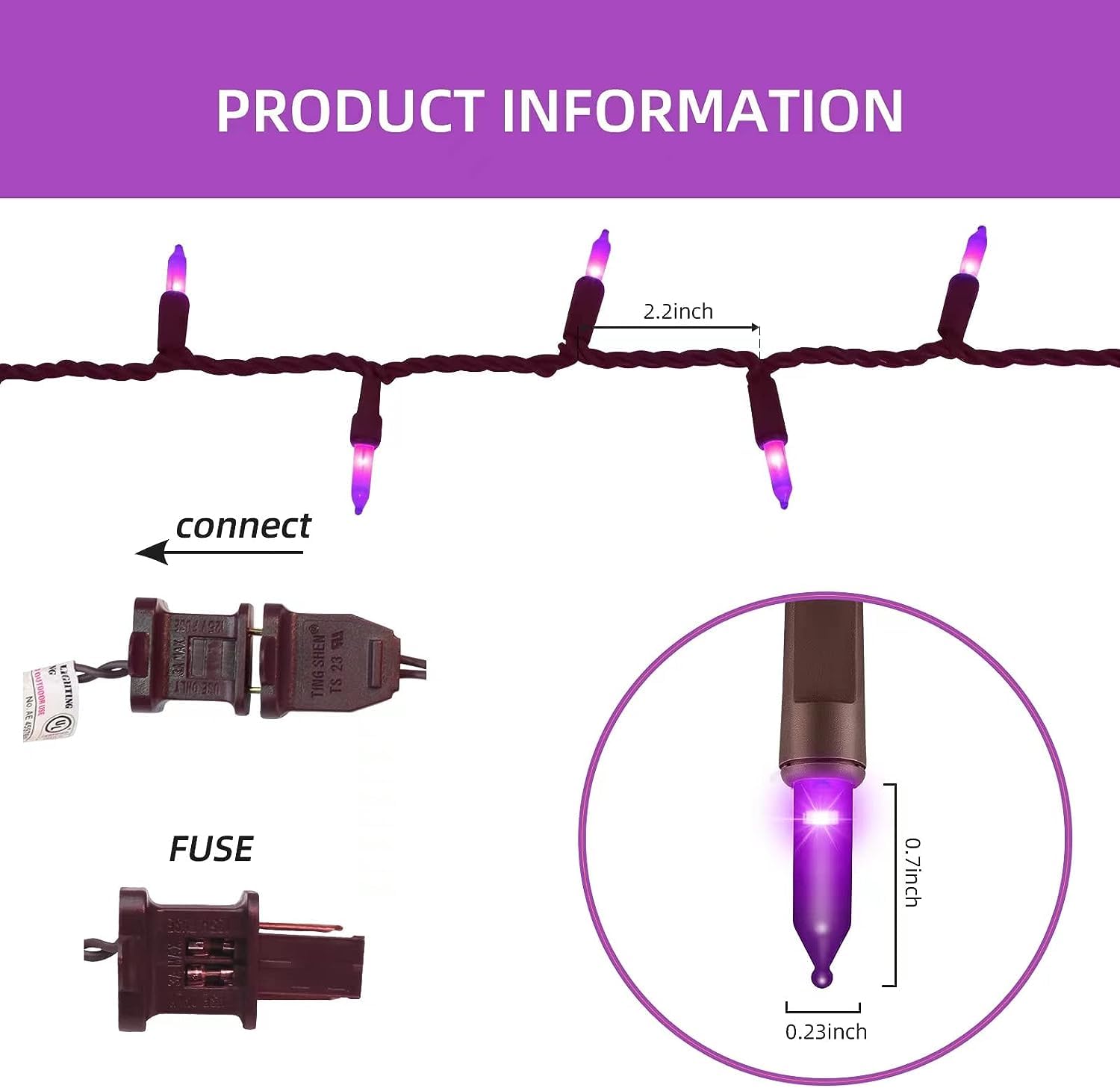 XMASHOME Halloween String Lights, 100 Count, Brown Wire, Purple, Incandescent, Model HP-100-2/SB