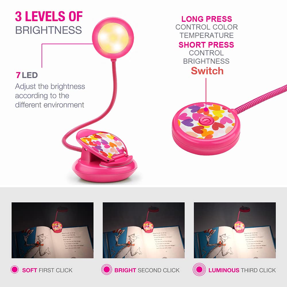 Vekkia Rechargeable Book Light, Clip-On, Eye-Care, 3 Colors & Brightness, Small, Rose Red, Model 8541999459