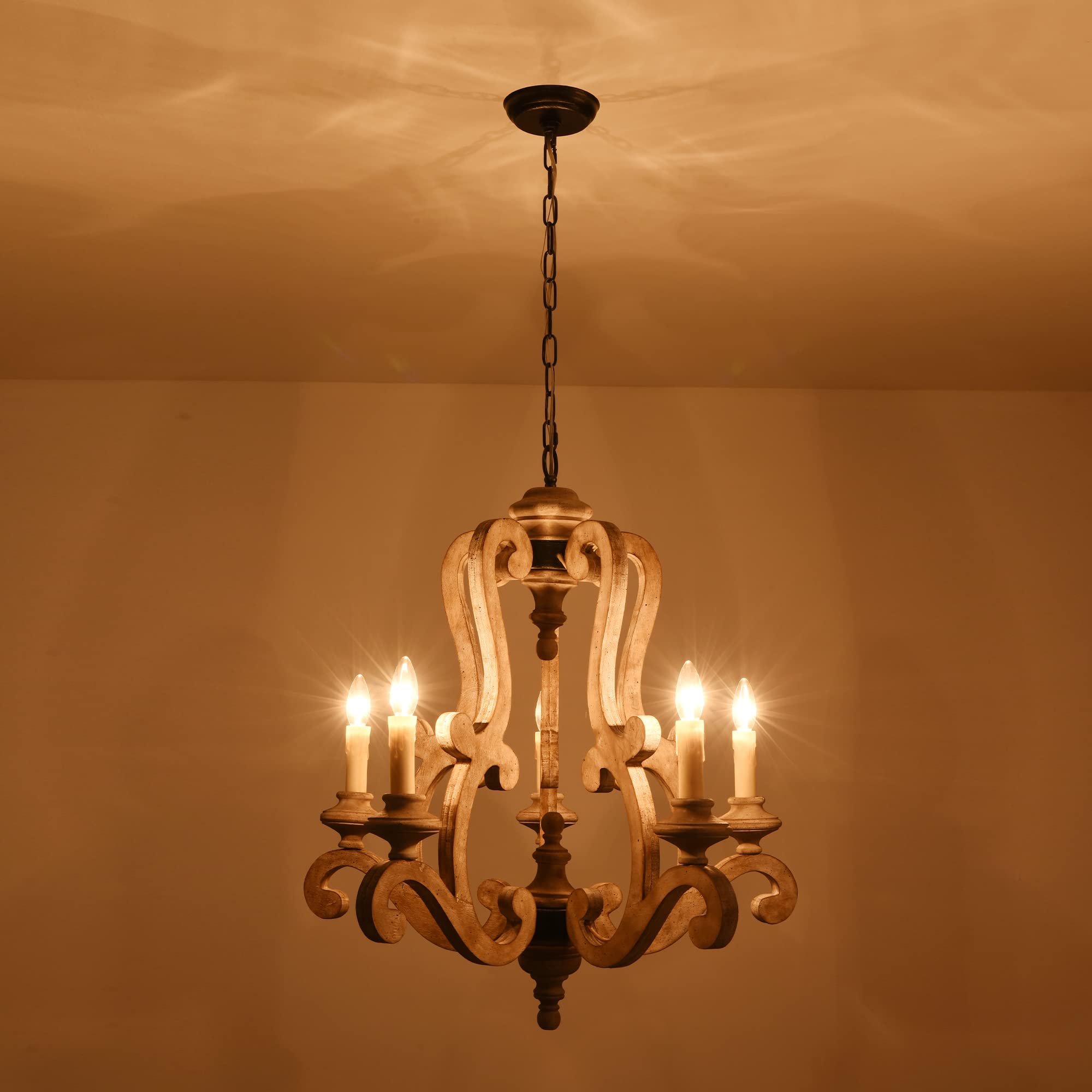Chords Attic Farmhouse Weathered Wood Chandelier, French Country Empire Pendant Lighting Fixture With 5 Candle Lights, Adjustable Chain, For Kitchen, Dining Room, Foyer, Hallway Etc