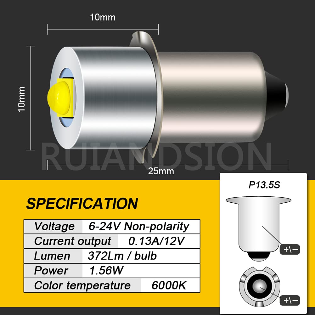 Ruiandsion LED Flashlight Bulb P13.5S, 6-24V Replacement, Copper, White, Model E10, Pack of 2