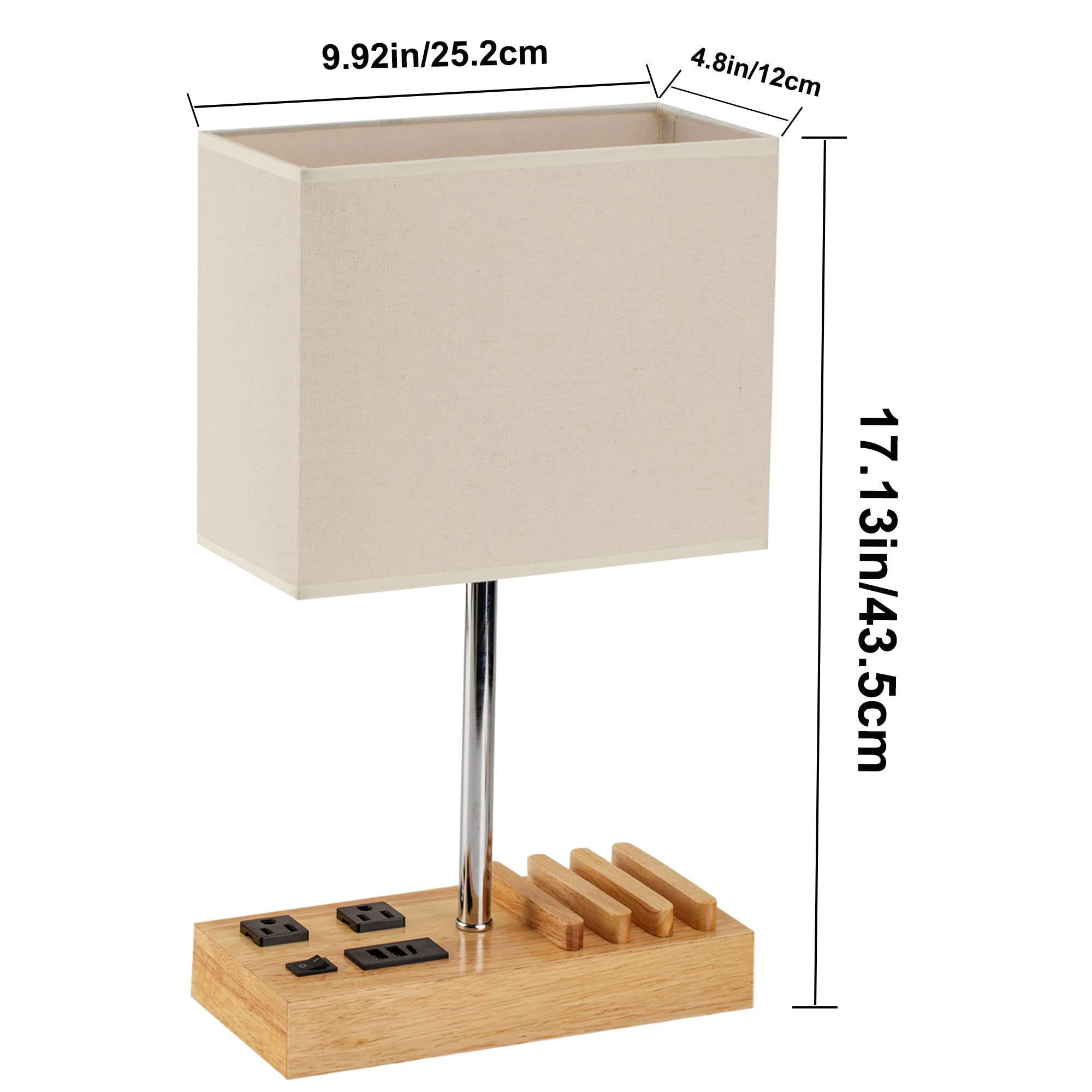 Dreamholder Desk Lamp - 3 USB Charging Ports, 2 AC Outlets, Natural Wood Base, Model DH9019W, Cream Linen Shade
